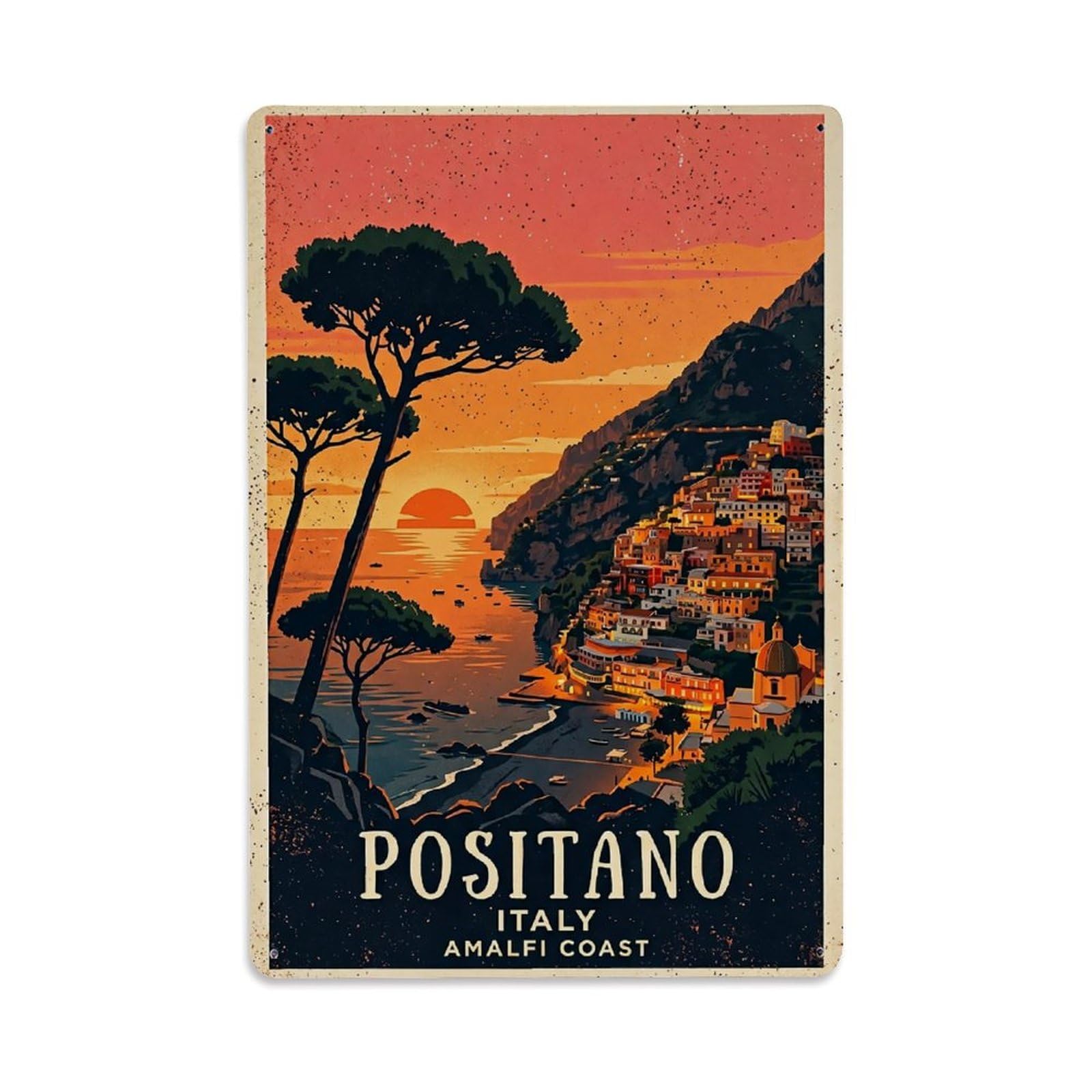 Huiyhb 8X12inch(20X30cm) Vintage Travel Positano Italy Tangerine Sunset Pines Metal Tin Sign