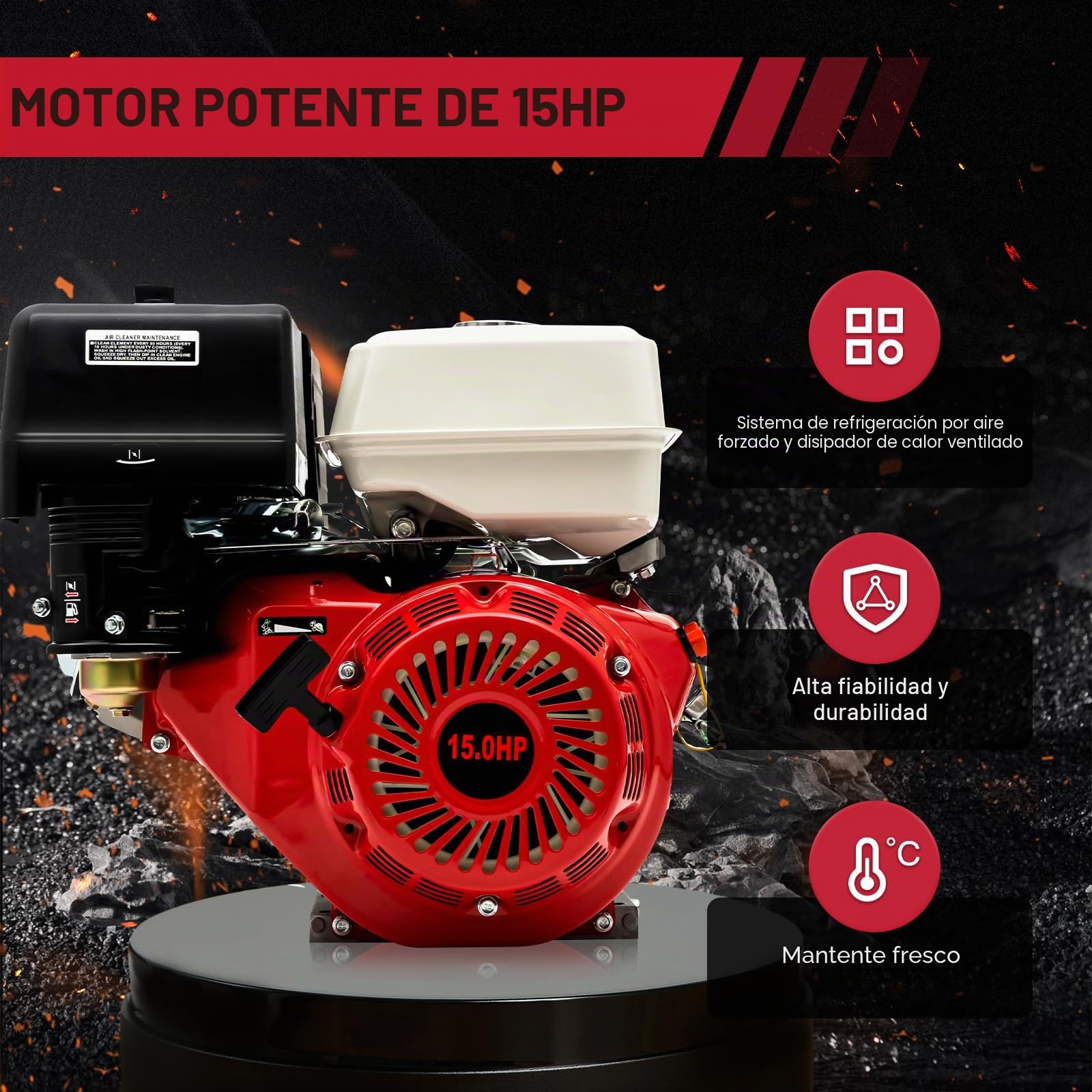 Motor de gasolina de 4 tiempos de 15 CV con arranque por cable, motor de gasolina HV de 420 cc, motor de cuatro tiempos refrigerado por aire 9000 W 3600 rpm