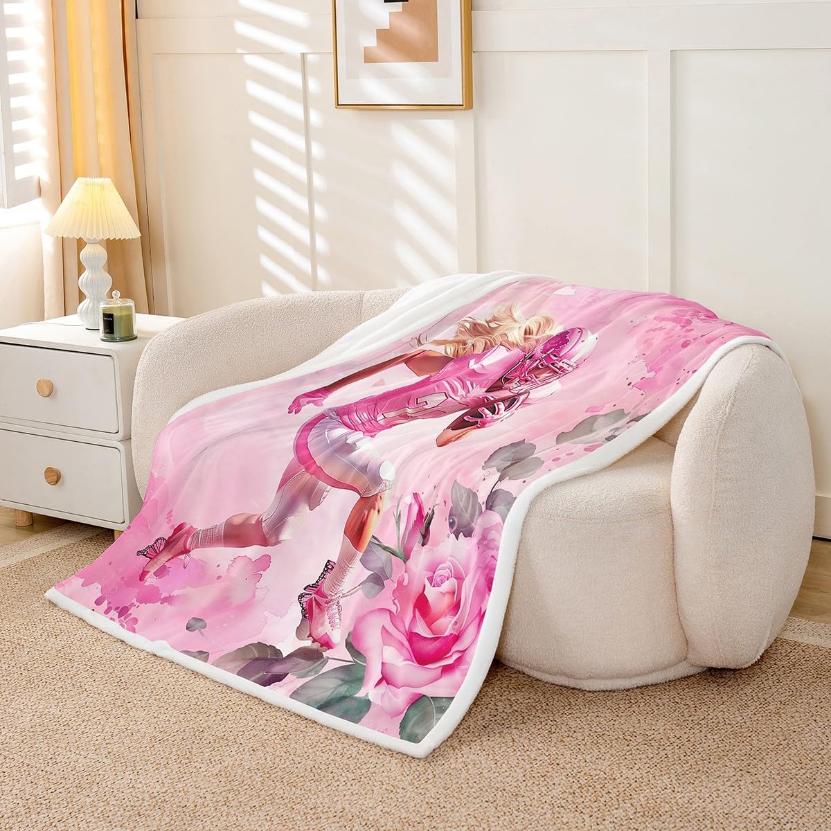Rugby Flannel Fleece Blanket,Girl Football Soccer Ball Game Super Soft Blanket for Bed Sofa Couch,Pink Rose Flowers Bed Blanket for Bedroom Decor,Twin 60"x80"