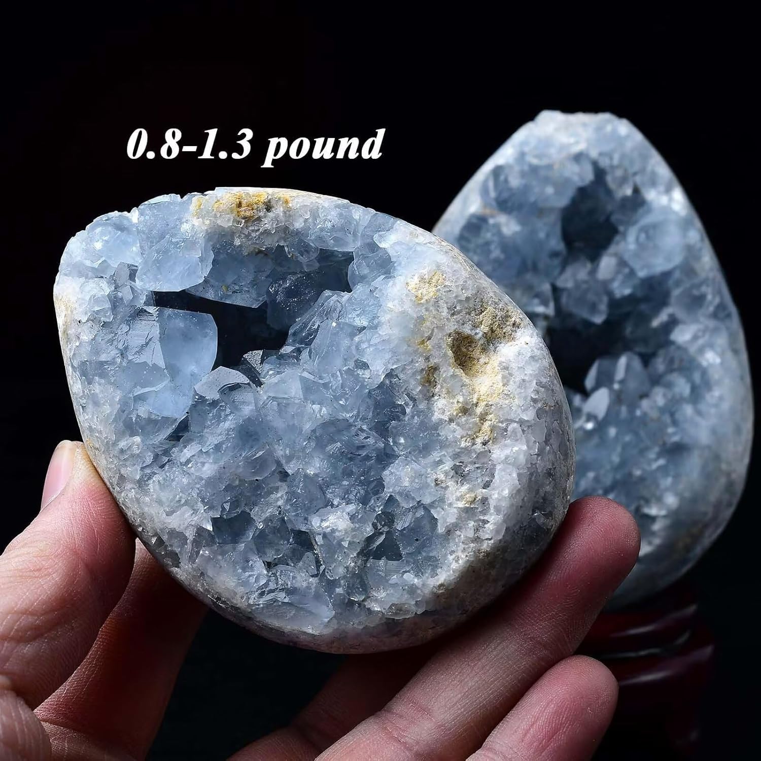 Natural Blue Celestite Geode Egg Healing Crystal Stone Collection Mineral Specimen with Stand Home Office Decor 3.0-3.5 Pound