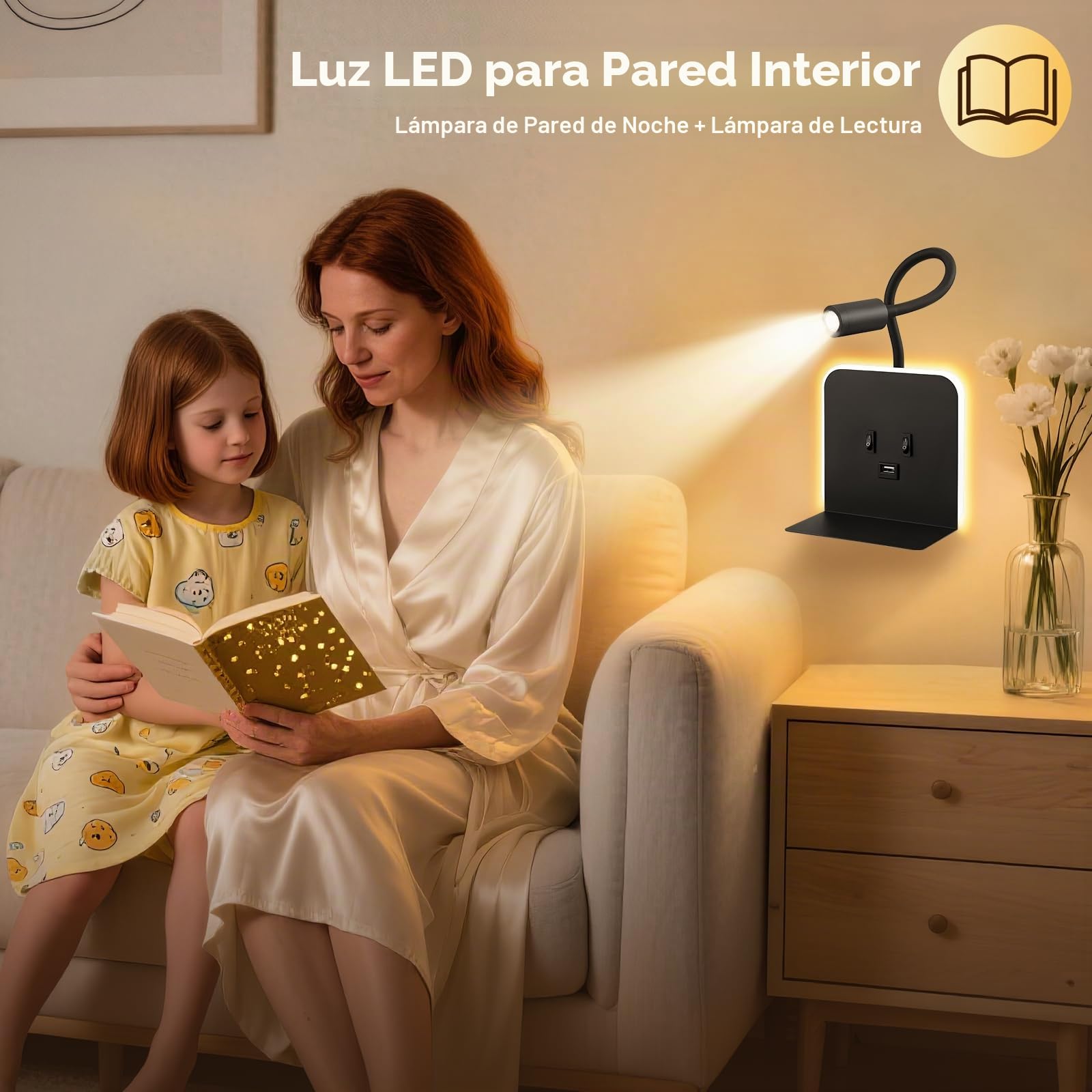 Aplique LED de pared para interior, lámpara de lectura LED para mesita de noche con interruptor, puerto USB, bandeja, lámpara de pared ajustable 360°, lámpara de lectura para mesita de noche(B)