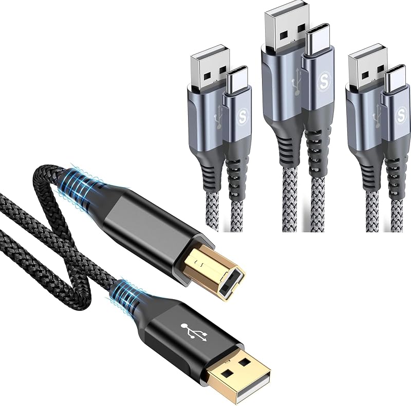 sweguard Printer Cable 10ft, USB-A to USB-B Cable & USB Type C Charger Cable [3-Pack,10ft+6.6ft+3.3ft] iPhone 15 Charger Nylon Braided Cord