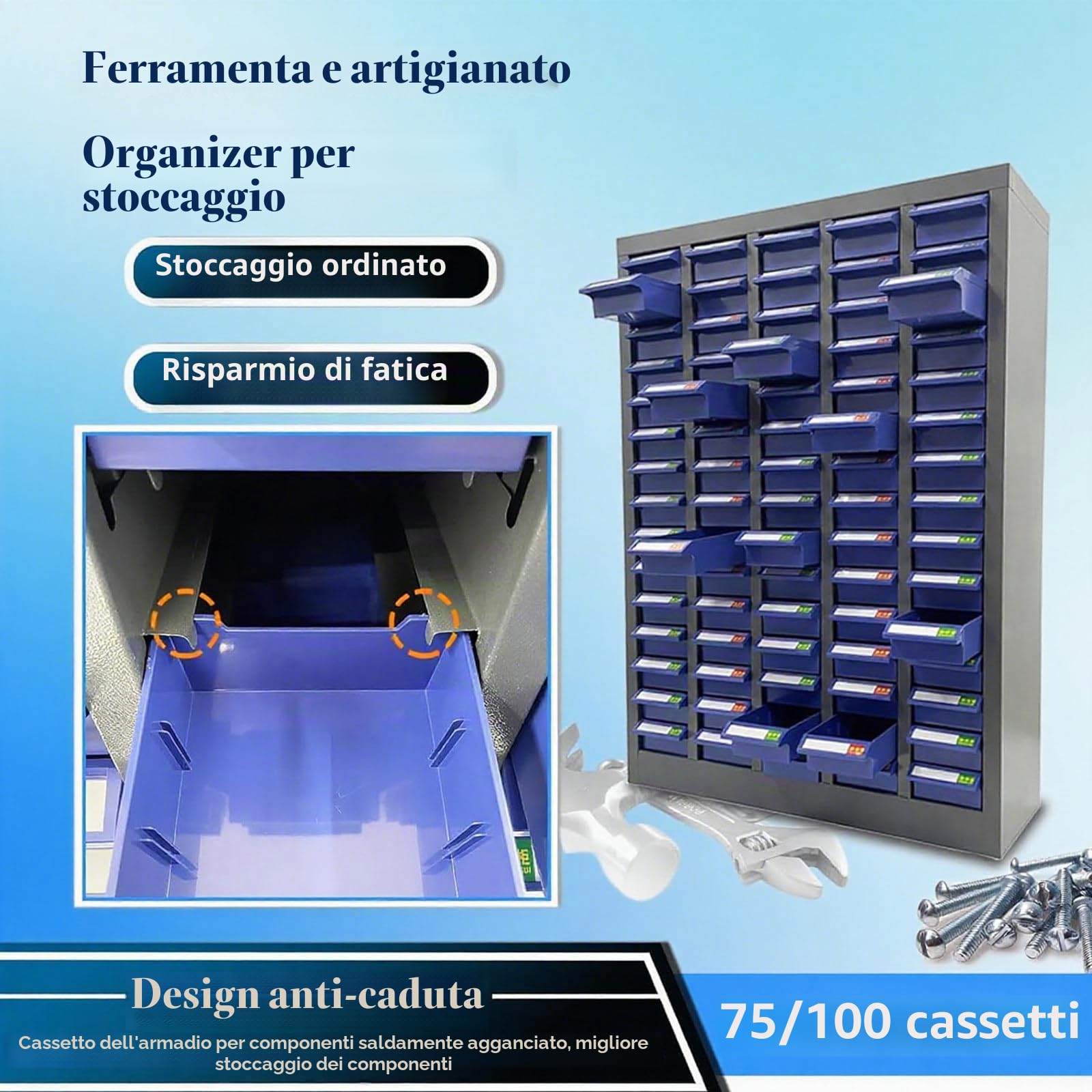 Organizzatore in metallo con 75 cassetti, armadio per parti impilabile per garage, ufficio e magazzino