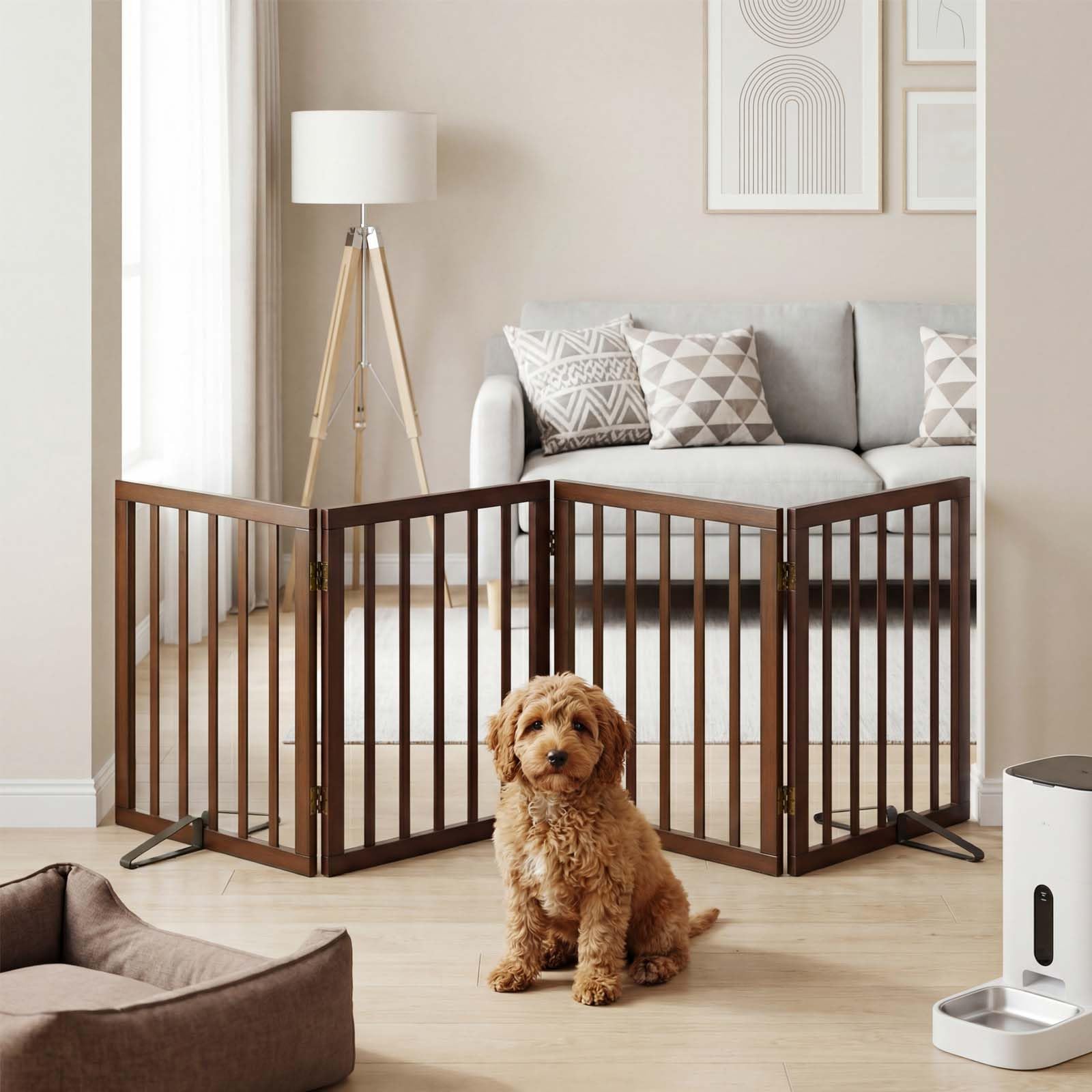 Semiocthome Bamboo Freestanding Dog Gates for Doorways, 2-Panel Indoor Puppy Gates for The House with 2 Metal Stands, 60cm(H) Folding Pet Gate for Stairs Expands Up to 94cm(W) Walnut — view 37