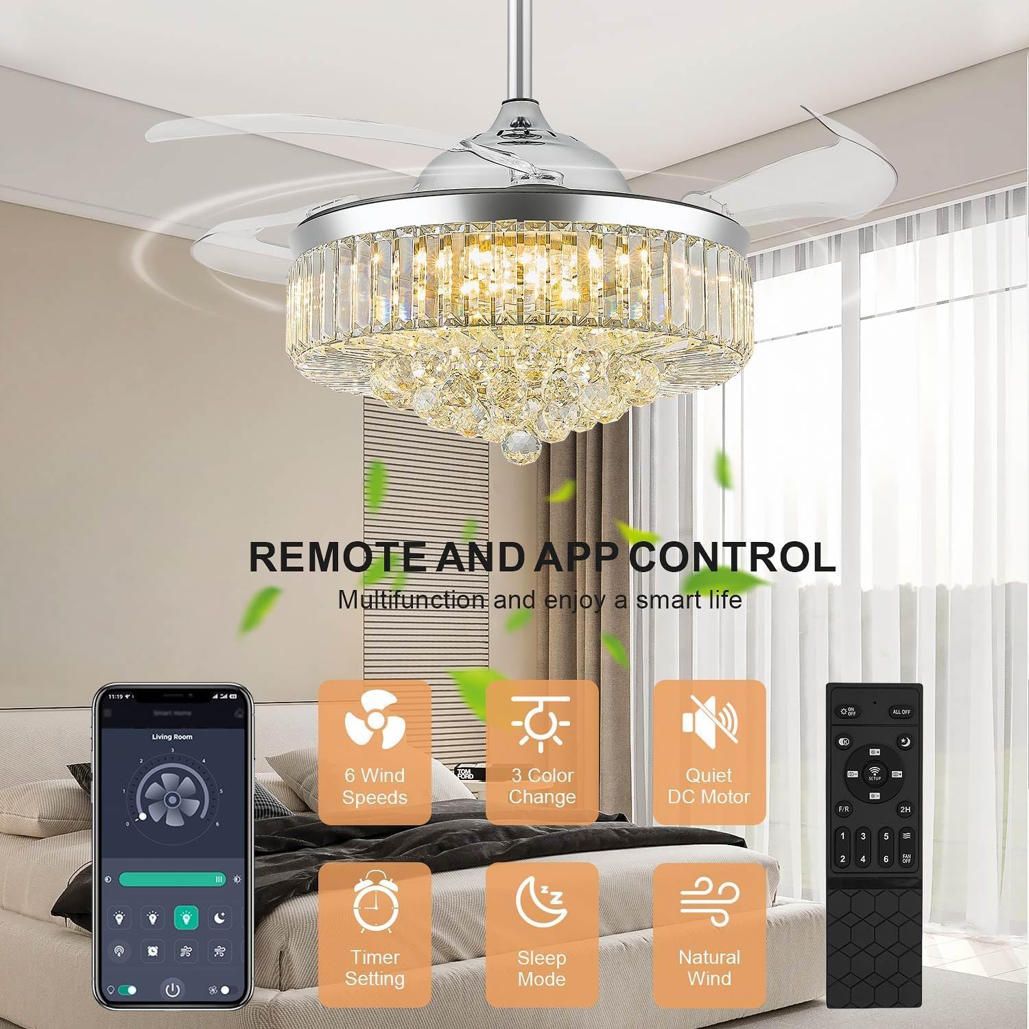 48 Inch Fandelier Ceiling Fans with Light, Chandelier Ceiling Fan, Retractable Ceiling Fan for Bedroom, Living Room, 3 Color Change, LED Dimmable, 6 Speeds, Reversible DC Motor- Chrome