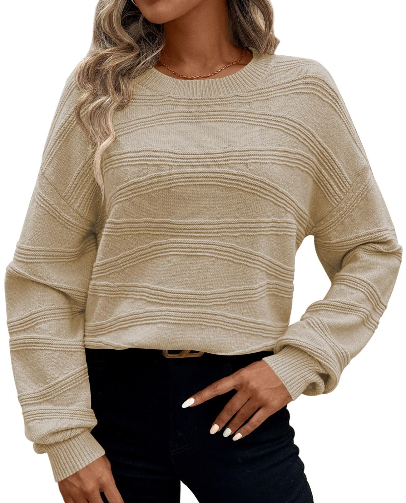 Pink Queen Womens Crew Neck Long Sleeve Ribbed Knit Pullover Tops Loose Casual Sweater Jumpers Fashion Trendy 2025