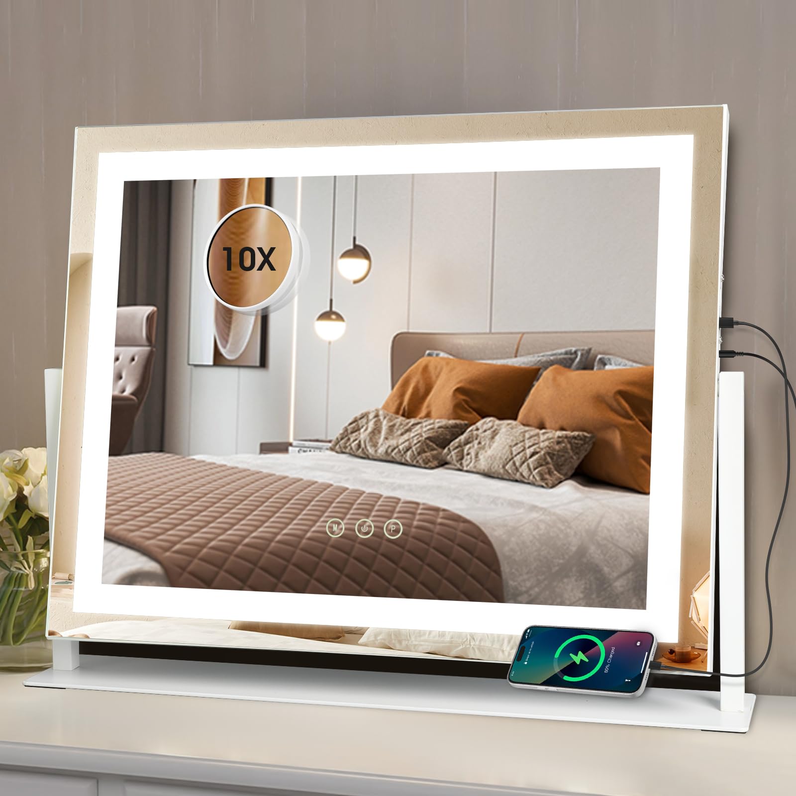 Large Vanity Mirror with Lights, 4-Sides LED Lighted Makeup Mirror,3 Color Lighting Modes and Dimmable,10x Magnifying Mirror, Smart Touch Control,USB Charging Port, 360°Rotation