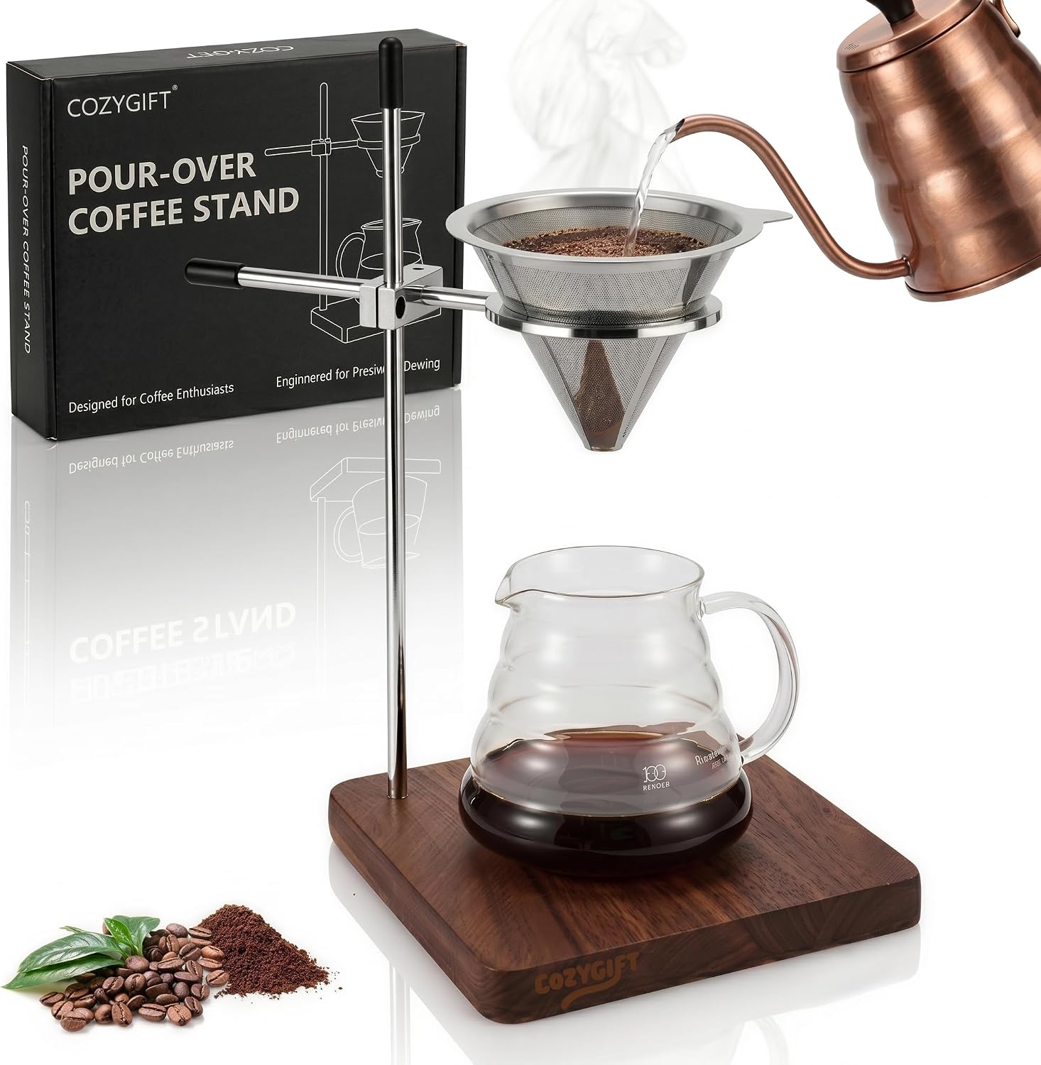 American Black Walnut Pour Over Coffee Stand, Stainless Steel Adjustable Dripper Holder, Wooden Brewing Station, Cone Brewer Rack, Barista Accessories & Kitchen Coffee Décor