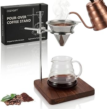 Pour Over Stand - Solid Walnut Base & 360 Adjustable Coffee Filter Holder, Height Adjustable Coffee Dripper Station for V60, Chemex & Glass Funnels, Pour Over Coffee Station Stand Only