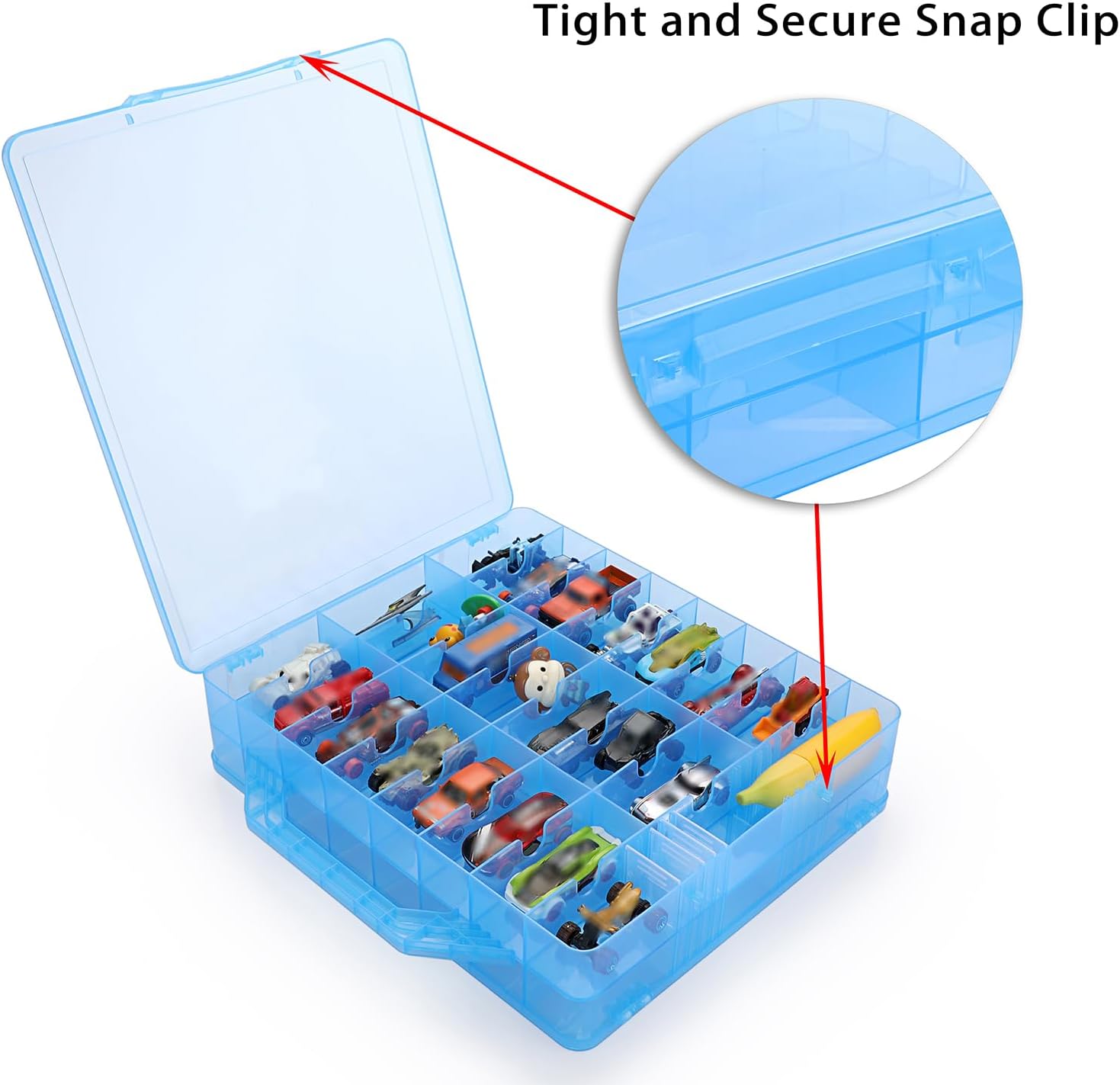 BTSKY Double Sided Toy Storage Organizer with 48 Compartments, Toy Organizer Carrying Case for Hot Wheels Car, Matchbox Cars, Mini Toys, Small Dolls, and more Mini Cars Collection(Blue)