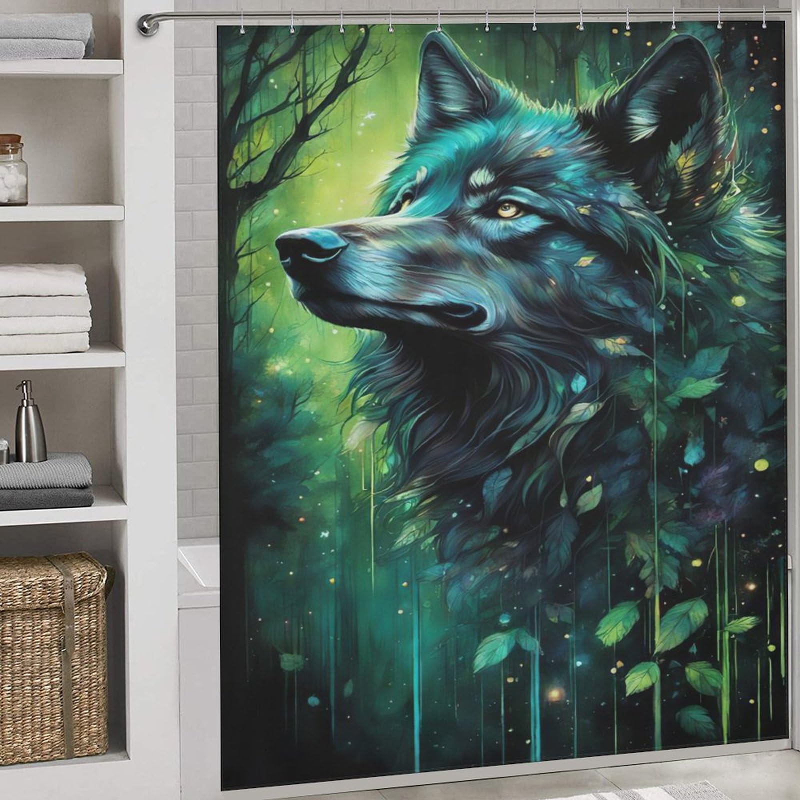 Rideau de douche loup imperméable et lavable pour baignoire
