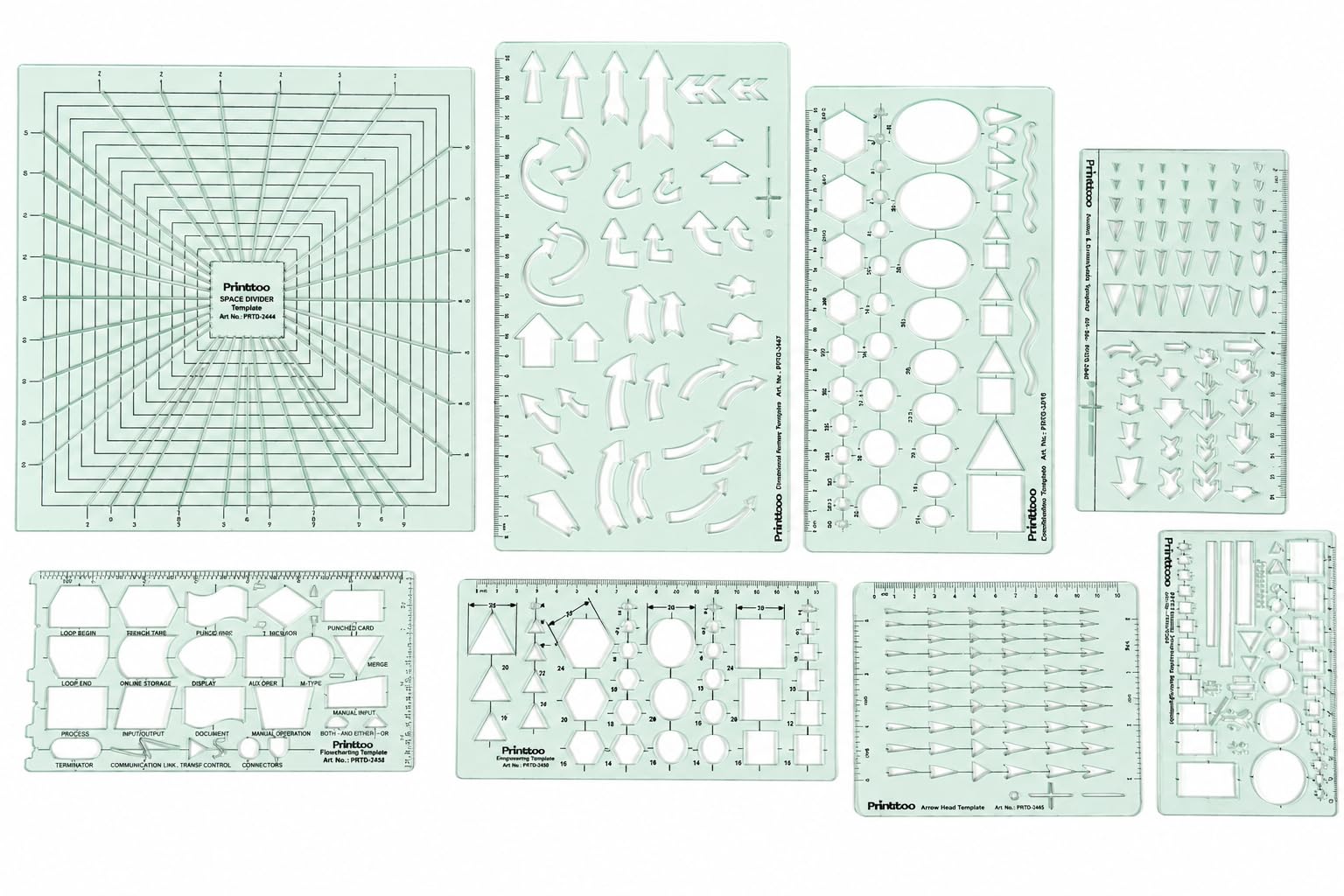 Gabarits pour organigrammes Printtoo avec séparateur d'espace et flèches pour tracés géométriques
