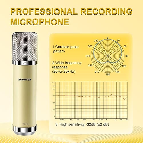 Miniatura 5 de XLR Micrófono condensador con diafragma grande de 1.339 in, micrófono de estudio profesional, grabación cardioide, micrófono FET para computadora,
