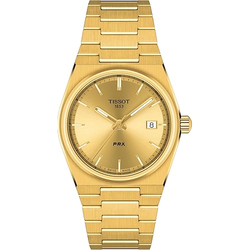 Tissot Mens PRX 316L Stainless Steel case with Yellow Gold PVD Coating Quartz Watch, Yellow, Stainless Steel, 12 (T1374103302100)