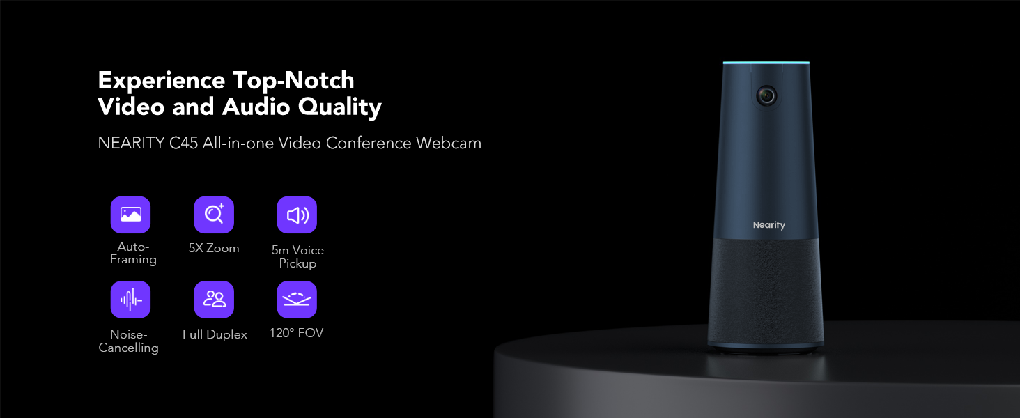 NEARITY C45 2K Videokonferenz-Webcam mit Mikrofon und Lautsprecher, All-in-One Webcam mit 4 Noise Cancelling Mikrofonen, 5X Zoom FHD, AI Auto-Framing, Plug -and-Play für Zoom/Teams/Google Meet