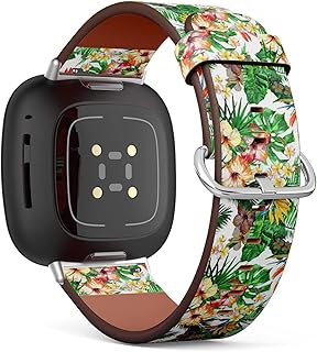 CJBROES Replacement Leather Watch Band, Compatible with Fitbit Versa 3 and Fitbit Sense of Wristband Bracelet Accessory - Beautiful Tropic Painting Flowers