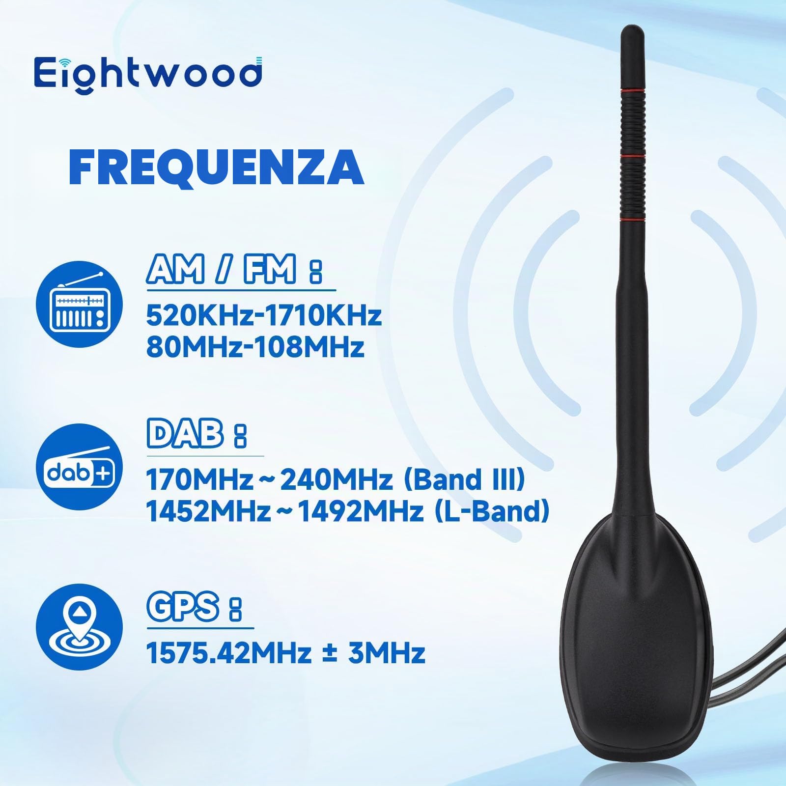 Eightwood Antenna Auto Attiva DAB+FM GPS Cavo 5m Connettori SMB SMA DIN | Antenna da tetto universale con amplificatore di segnale integrato Compatibile autoradio digitale GPS