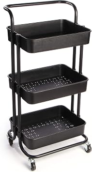 Maison & White 3 Tier Storage Trolley | Bathroom, Kitchen & Utility Unit | Book Cart | Make Up Rack | Mobile Organiser | Fruit & Vegetable Storage | M&W Black