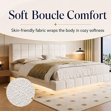 King Size Floating Bed Frame with Lights, Boucle Upholstered Platform Bed Frame with Headboard, Modern Floating Bed, No Box Spring Needed, 800 lb Capacity, White