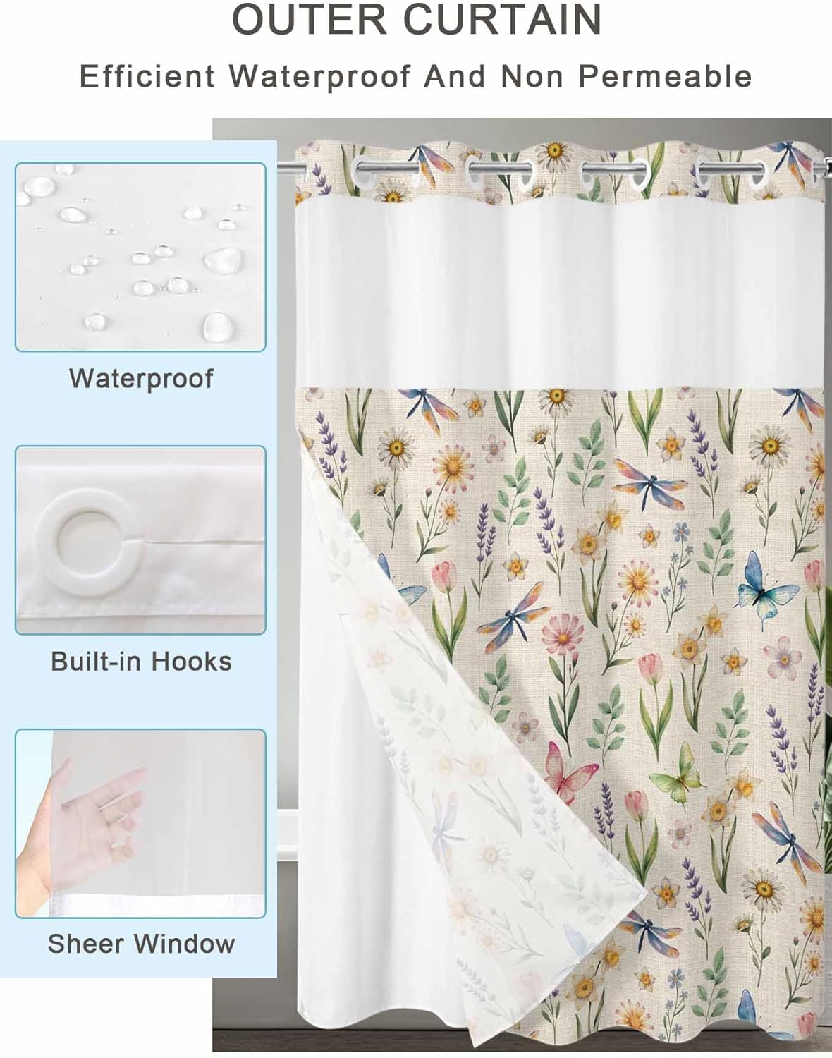 No Hook Spring Floral Shower Curtain with Snap in Liner Set, Elegant Pastoral Flowers Dragonfly Rustic Waterproof Fabric Bathroom Curtains with See Through Top Window, Hotel Style Modern 60 x 72 Inch
