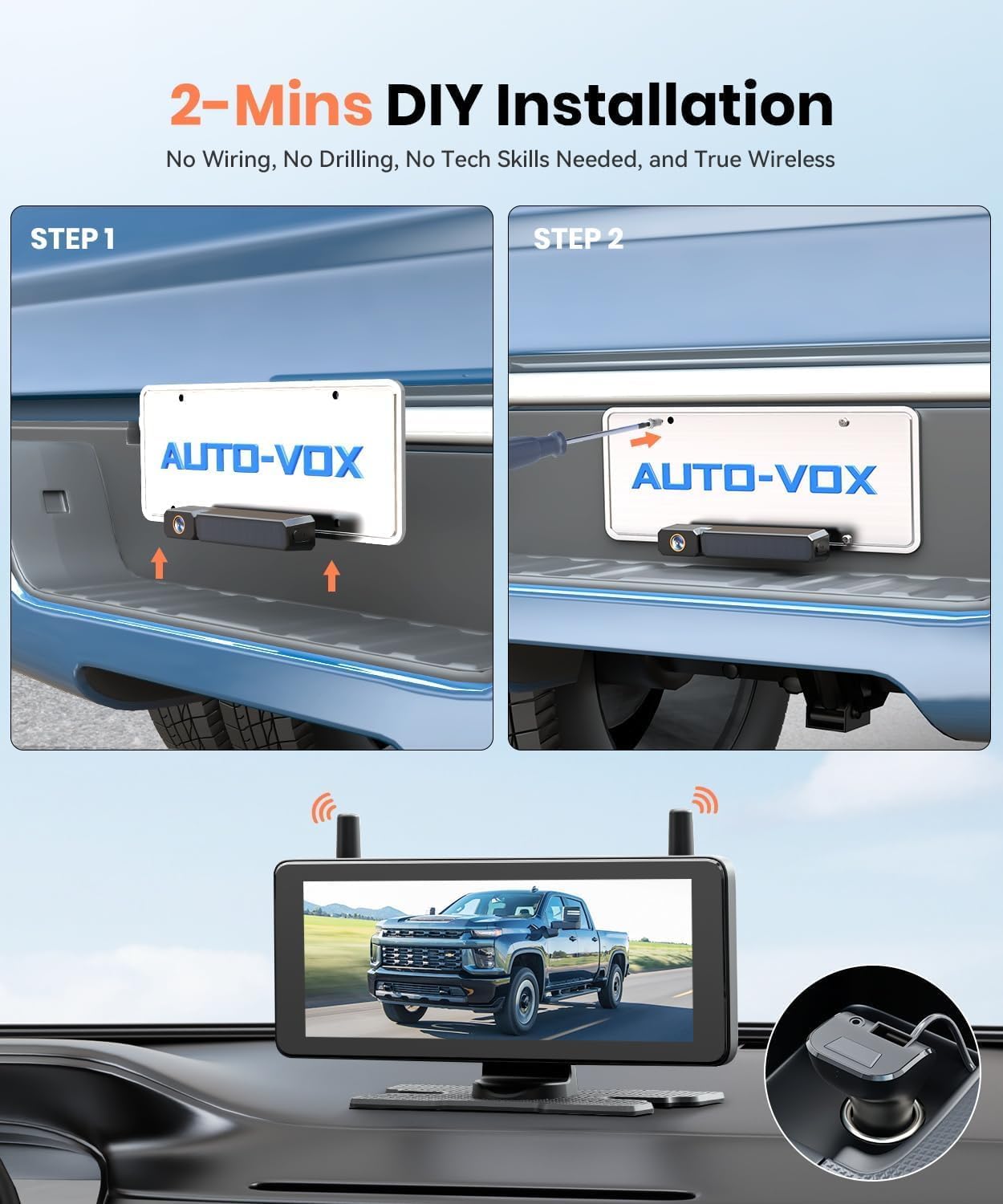 AUTO-VOX Solar Wireless Backup 2 Cameras: 2-Min DIY Install, Dual Channel Stable Signal DVR Monitor, 7.2" 1080P Super Night Vision, IP69K Waterproof Back Up Camera for Cars, Truck, Trailer, SUV, Van