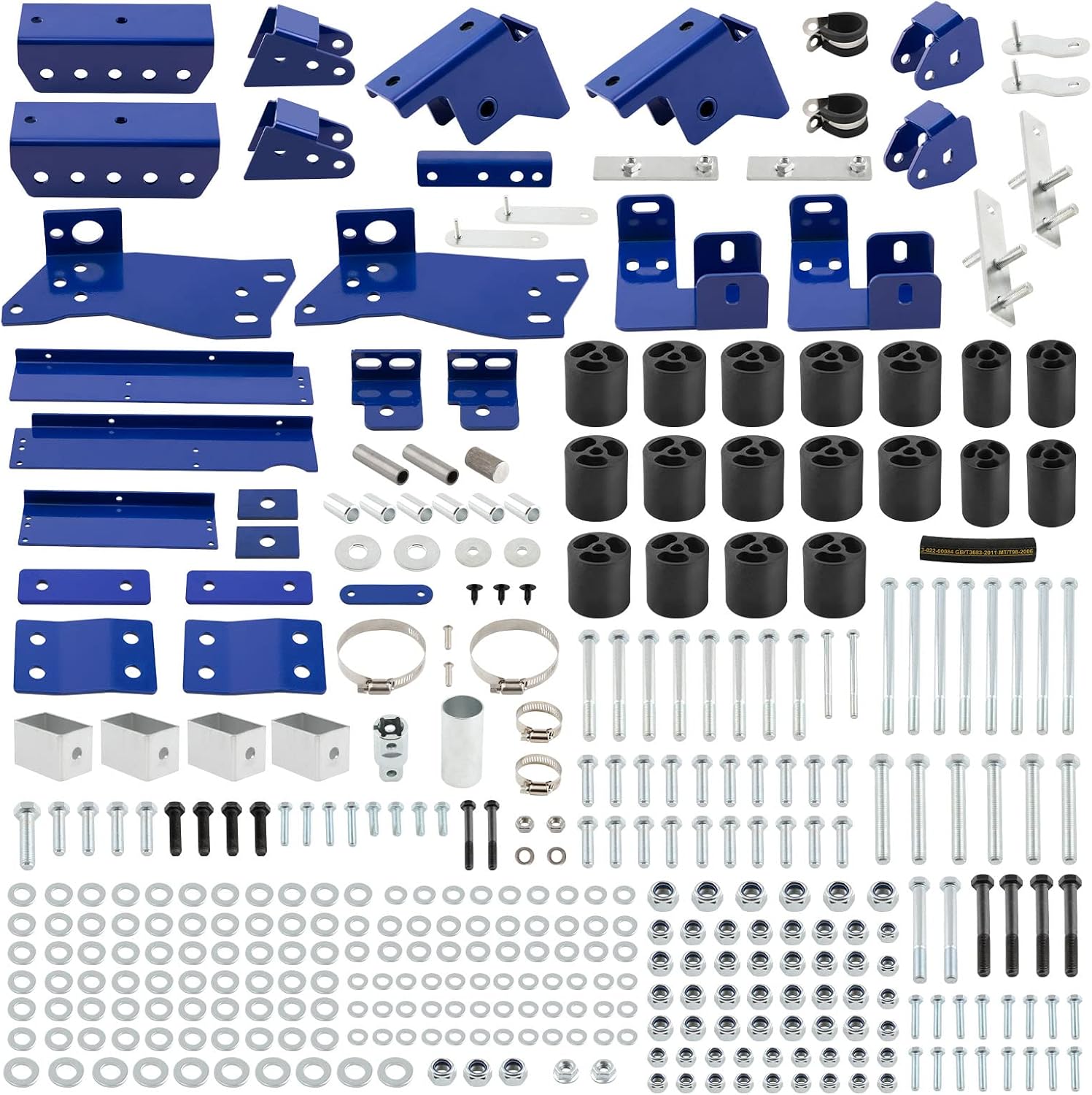 An overhead view of all components included in the Waverspeed 3-inch Full Body Lift Kit, laid out on a surface.