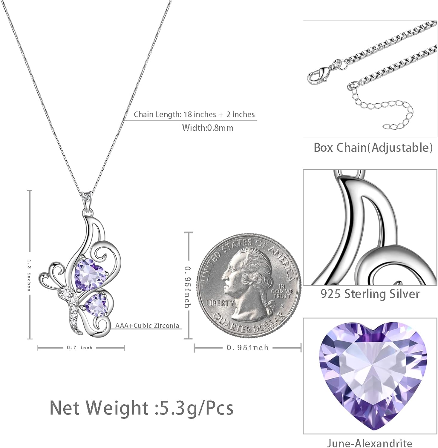 Butterfly Heart Necklace Birthstone Pendant Necklace Earrings Bracelet Women 925 Sterling Silver Animal Butterflies Birthstone Pendant Crystal Birthday Jewelry Wedding Gift - Image 2