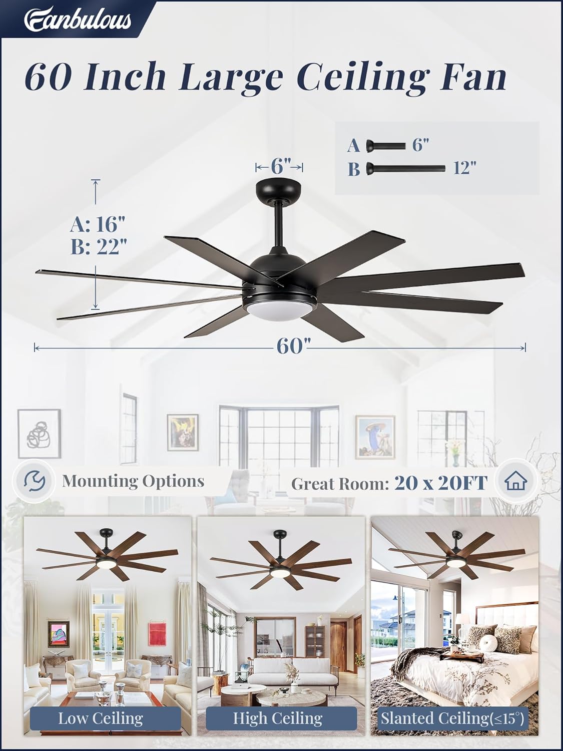 Ceiling Fans with Lights, 60 inch Black Ceiling Fan with Light and Remote, Outdoor Ceiling Fans for Living Room Patio, 6 Speeds, Reversible Quiet DC Motor, 3 CCT, Bi-color 8 Blades - Image 6