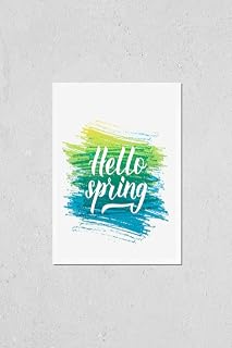 Hello spring calligraphic lettering on colorful pencil stroke. Inspirational seasonal quote typography poster. Hand written logo design. Easy to edit template for banner, flyer, badge, postcard