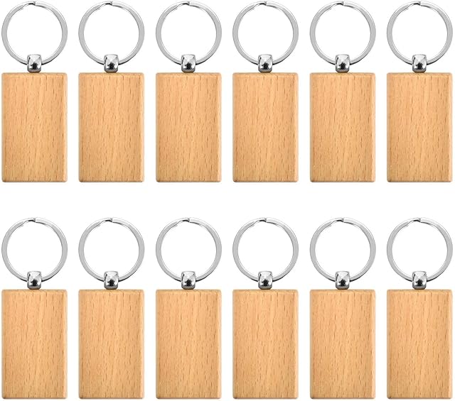 ZYFC 12 Pcs Wooden Key Chain, Rectangle Blank Natural Wooden Keyring with Split Ring, Personalized Wooden Key Tag Keychain for Gift DIY Crafts Decoration Pyrography for Women Men