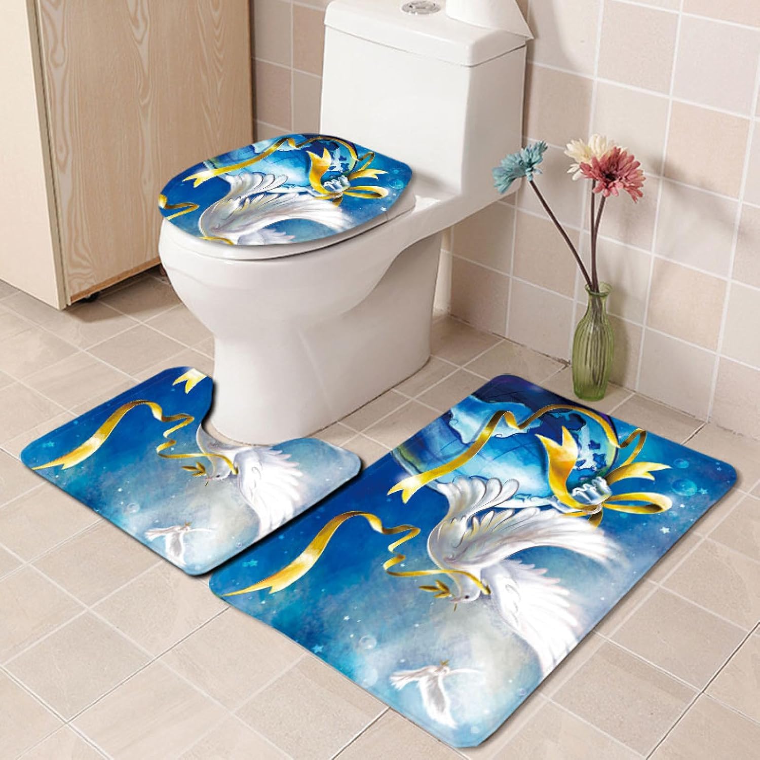 Set di tappetini da Bagno 3 Pezzi Blu Oro Antiscivolo per Bagno Tappeto Lavabile in Memory Foam Tappeto copriwater tappetini a Forma di U 50x80 cm