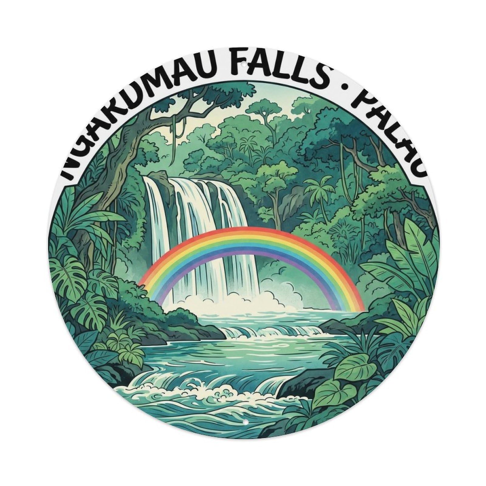 Olyhtr 8X8inch Classic Style Palau Ngardmau Waterfall Rainbow Woodblock Rock Metal Tin Sign