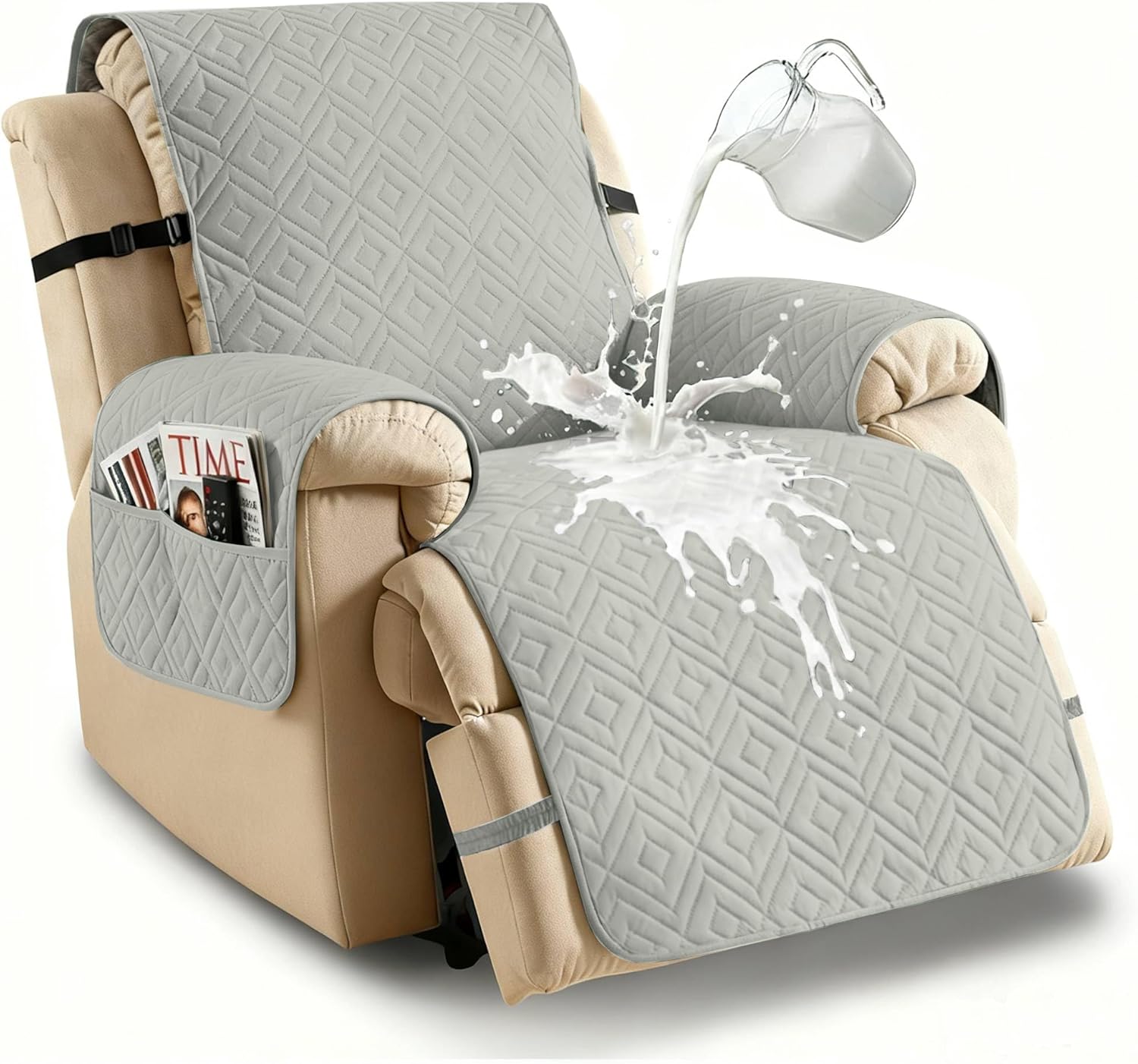 XINEAGE 100% Waterproof Recliner Cover, Non Slip Recliner Chair Cover with Elastic Band, Washable Recliner Slipcover with Storage Pockets for Kids, Pets (Khaki, 25")