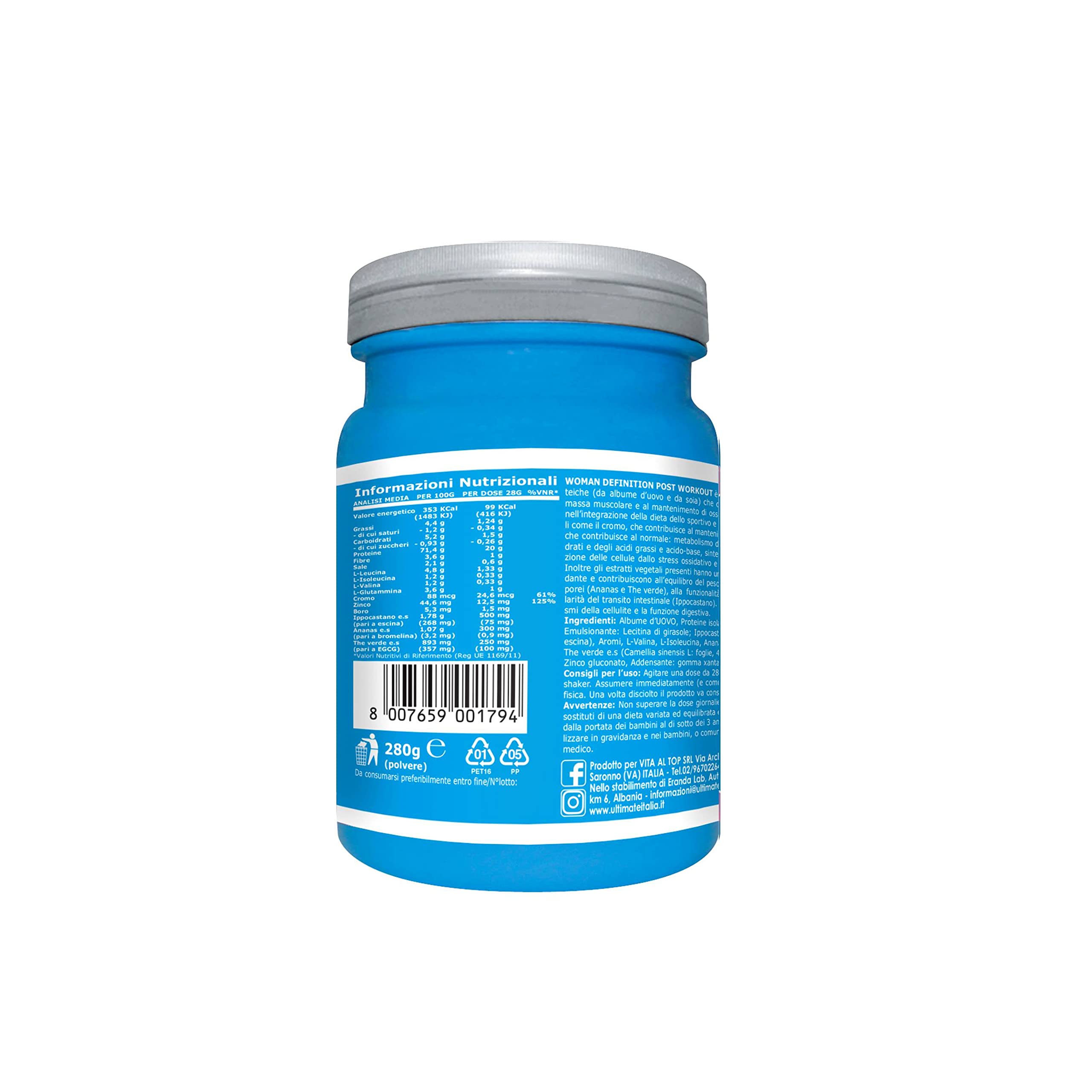 Ultimate Italia - Woman Definition Post Workout - 280g - gusto cacao - integratore per il recupero post allenamento con proteine, aminoacidi, minerali ed estratti vegetali, senza glutine