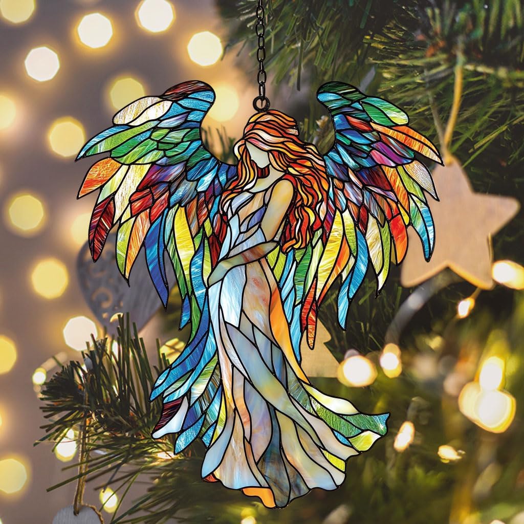 Rainbow Wing Angel Acrylic Suncatcher Stained Glass Effect Window Car Hanging Christmas Ornament Indoor Outdoor Decor Garden Sun Catcher Panel for Angel Lover for Women Mom Grandma