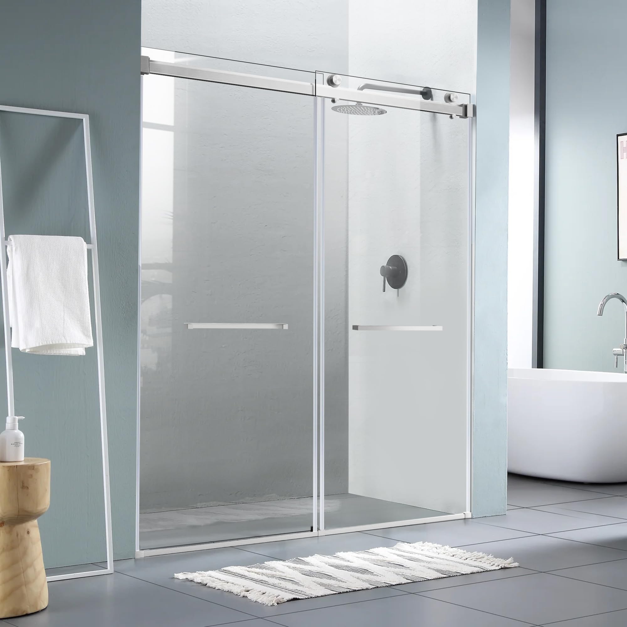 Photo 1 of 56"-60" W x 75" H Frameless Shower Doors, Double Sliding Shower Glass Door with 5/16" (8mm) Clear Tempered Glass with Pull Handle for Bathroom, Stainless Steel, Brushed Nickel