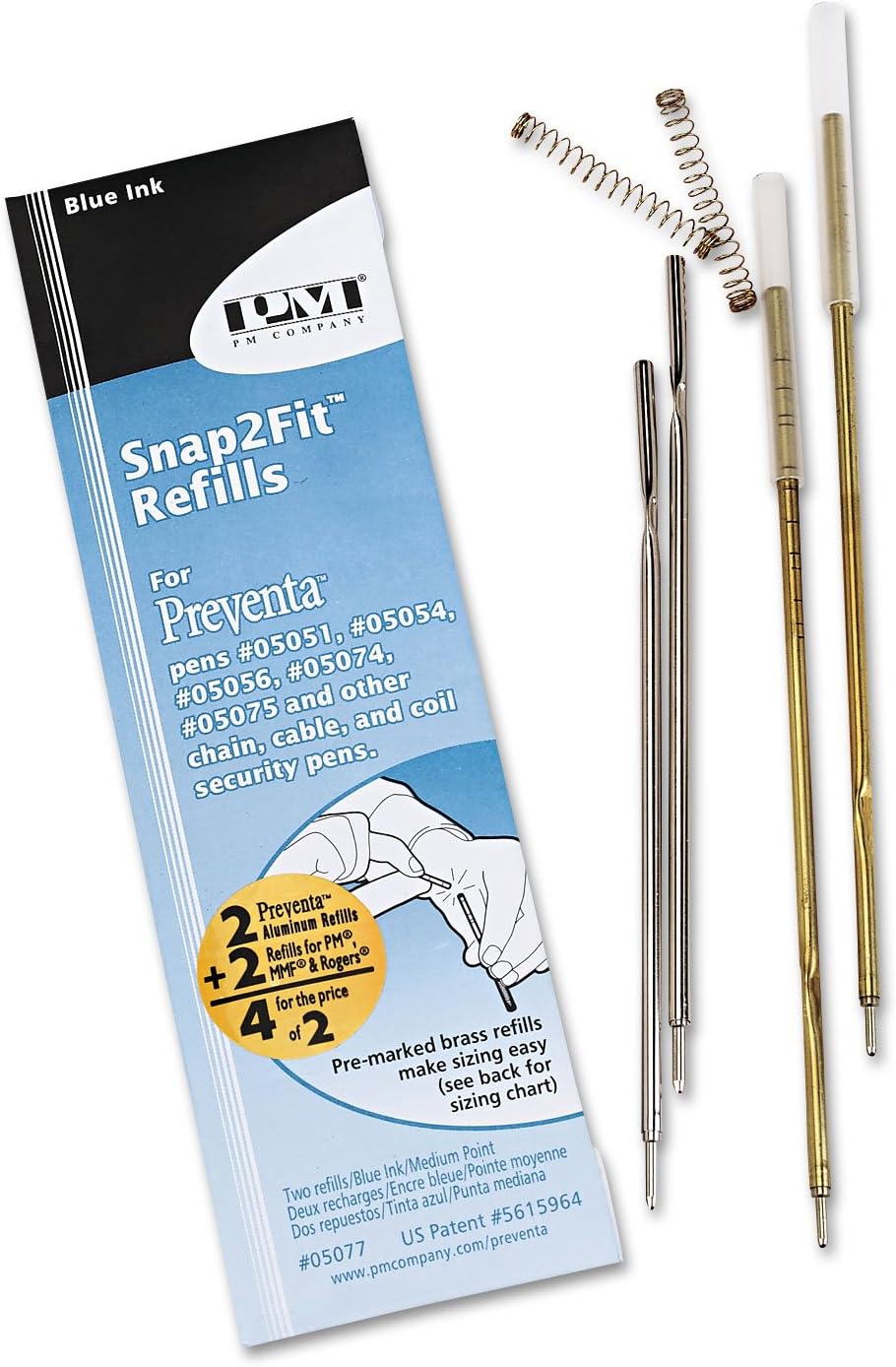 PM Company 05077 Refills for Preventa, MMF Kable & Sentry Counter Pens, Medium Pt, Blue, 2/Pack