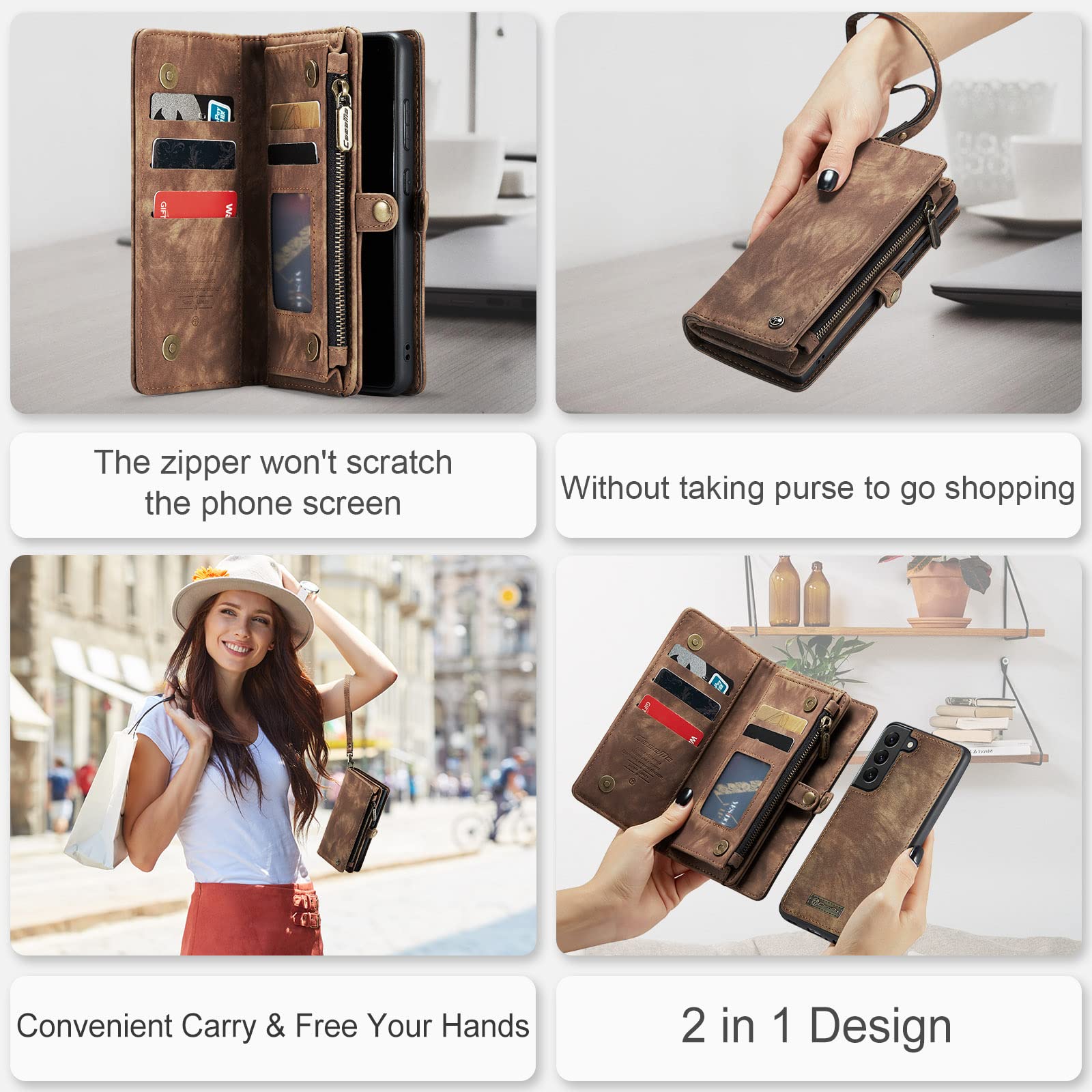 Arlgseln Case for Samsung Galaxy S21 2021, Genuine Leather Wallet Detachable Magnetic Cell Phone Cover Zipper Purse RFID Blocking Card Slot Holster for Samsung Galaxy S21 2021 (S21, Brown)