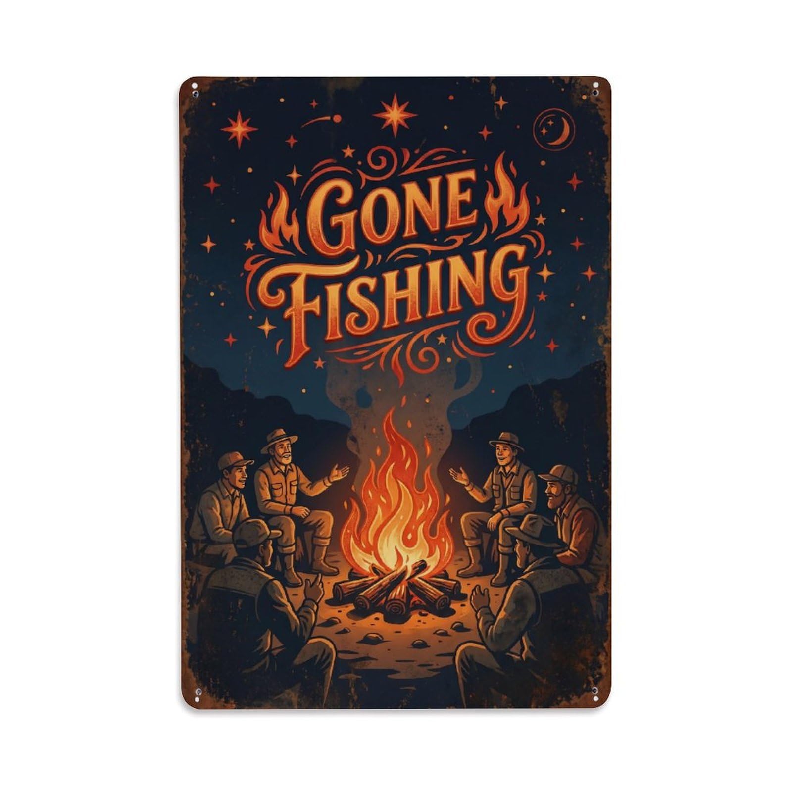 Gone Fishing Campfire Tales Vintage Metal Tin Sign Plaque Wall Decor for Cafe, Club, Garden Metal Poster 8x12Inch