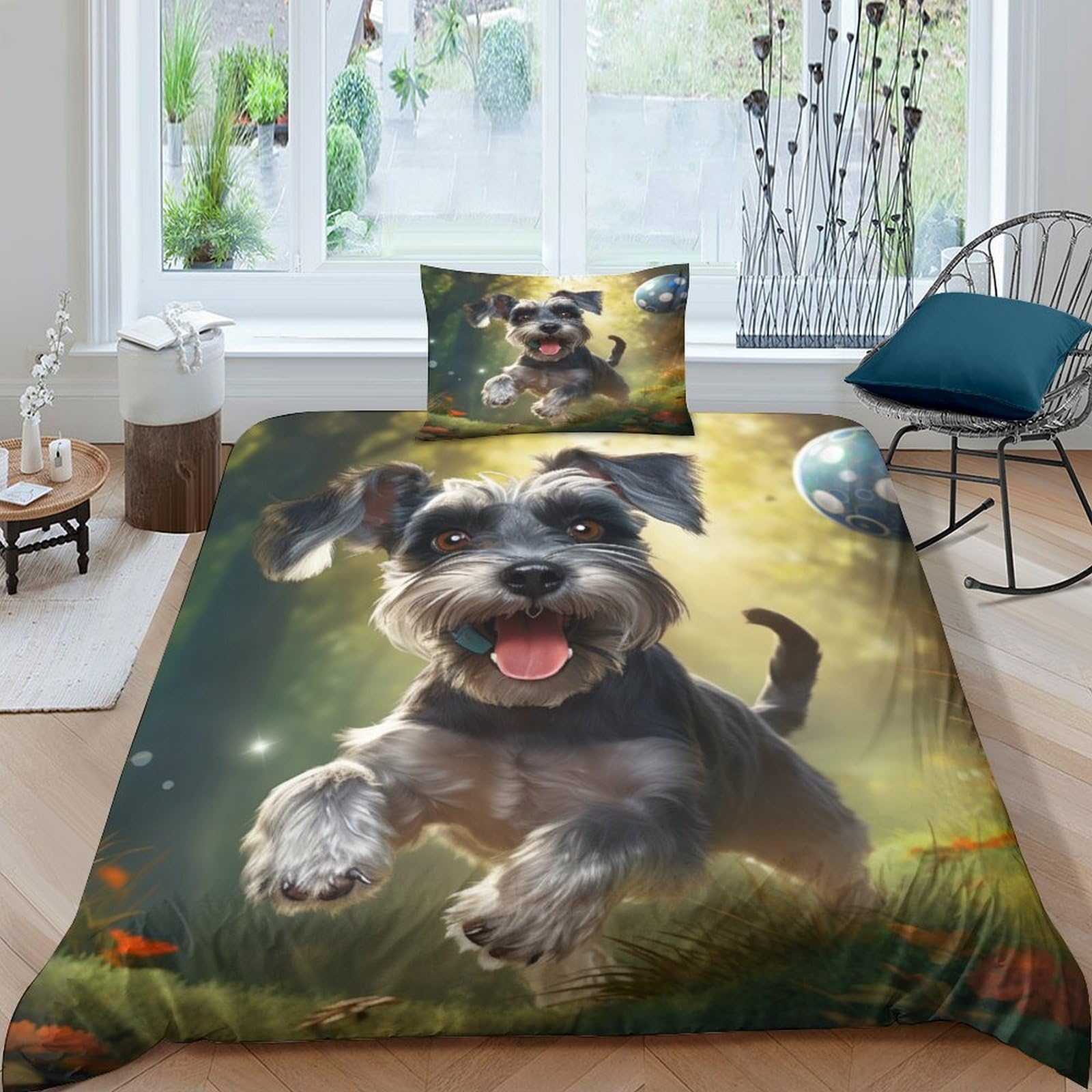 VUDBELAFC Miniature Schnauzer Duvet Cover Sets 3 PCS Hotel Quality Quilt Cover Bed Sets Bed Covers with Pillowcases with Zipper Closure Breathable Stylish Comforter Single（135x200cm）