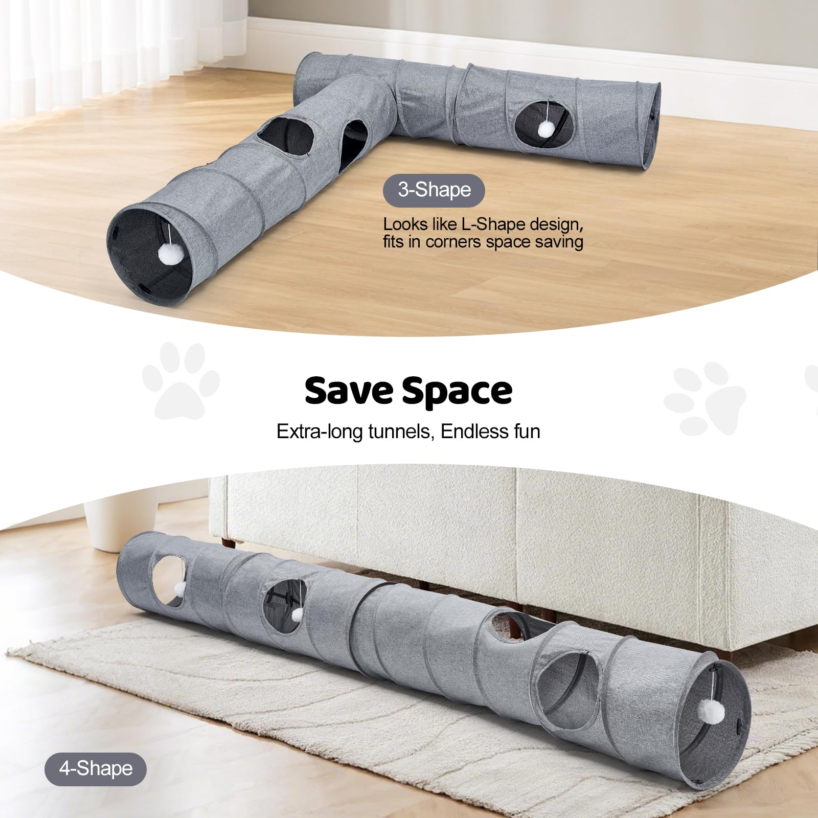 Odoland Katzentunnel in Leinen DIY Spieltunnel mit Ball Katzenspielzeug Faltbar Pet Play Tunnel Tube für Katzen Kaninchen Kleintiere, 110cm, Grau