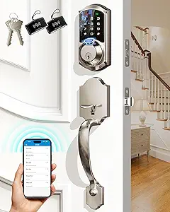 Veise VE07-H Fingerprint Smart Locks for Front Door with Handle Set, App Control, Keyless Entry Keypad Deadbolt, Digital Electronic Touchscreen, Easy Install, Auto Lock, Satin Nickel