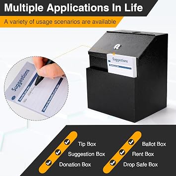 Suggestion Box with Slot and Lock,2 Pack Metal Wall Mounted Ballot and 50 Free Suggestion Cards,Donation Boxes for Fundraising with 2 Keys 8.4 x 5.8 x 7.0 inch,Black