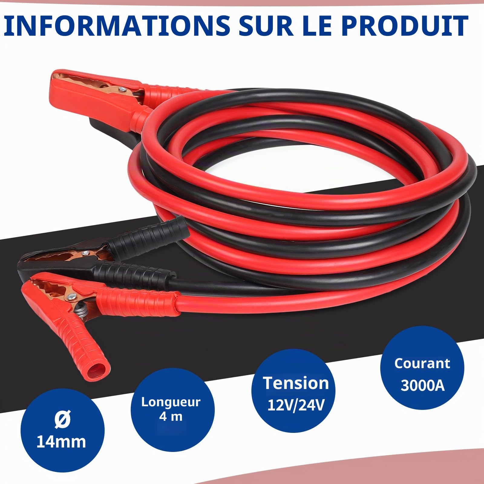 SWAWIS Cable de Demarrage Voiture 4m 50mm² 3000A 12 V/24 V Câbles Batterie pour Transfert Fiable - Pinces Isolées Sécurisées - Jumpstarter avec Sac de Transport pour Voiture,Camion