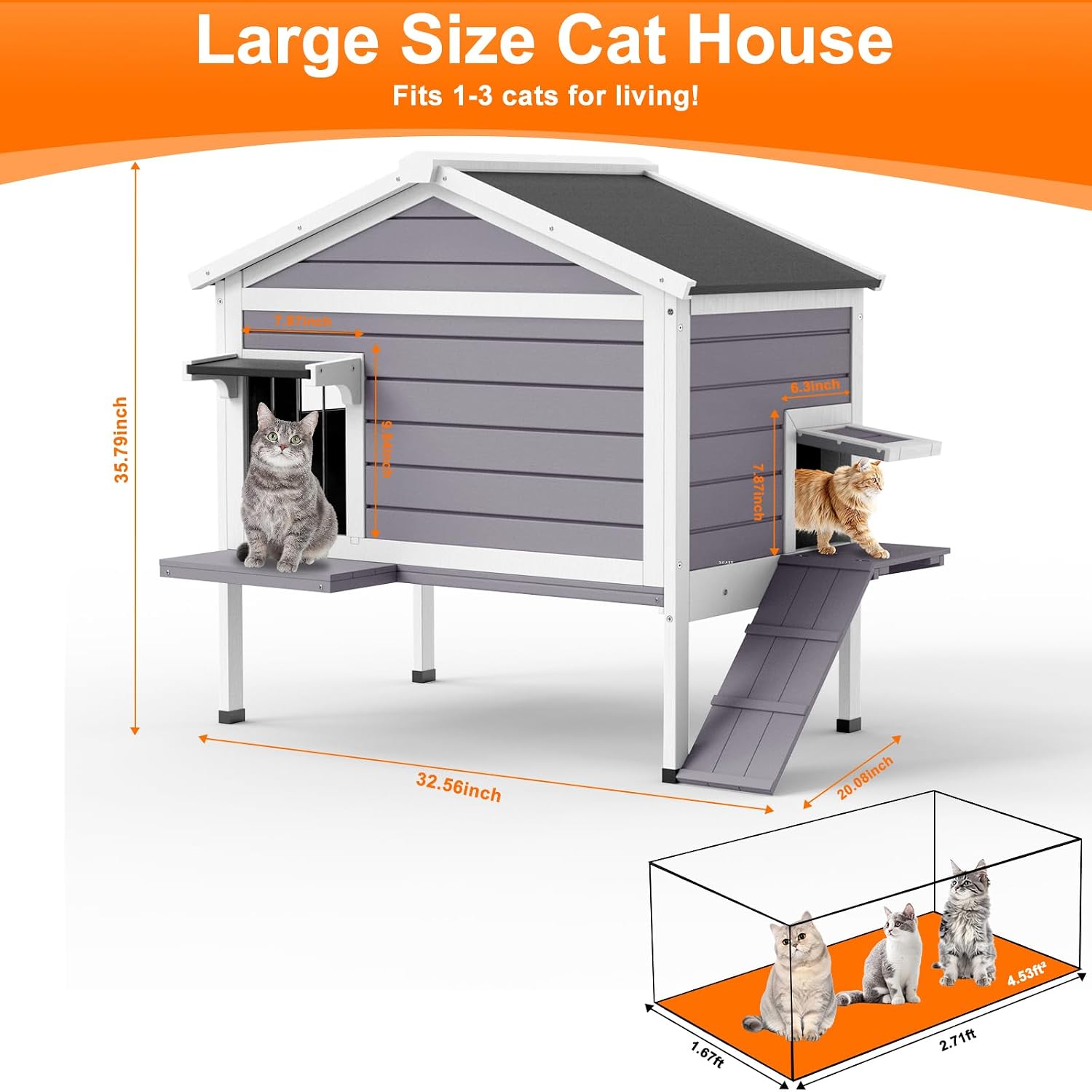 Cat House with Ramp, Large Feral Cats Shelter Keep Safe in Ouudoor, Easy to Install, Large Side Door and Weatherproof Roof Design Esay for Cleaning(Grey)