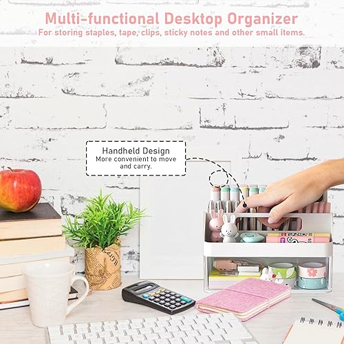 Miniatura 4 de SAYEEC Organizador de escritorio y accesorios con 6 compartimentos y 1 cajón, soporte para lápices con asa, organizador de almacenamiento de