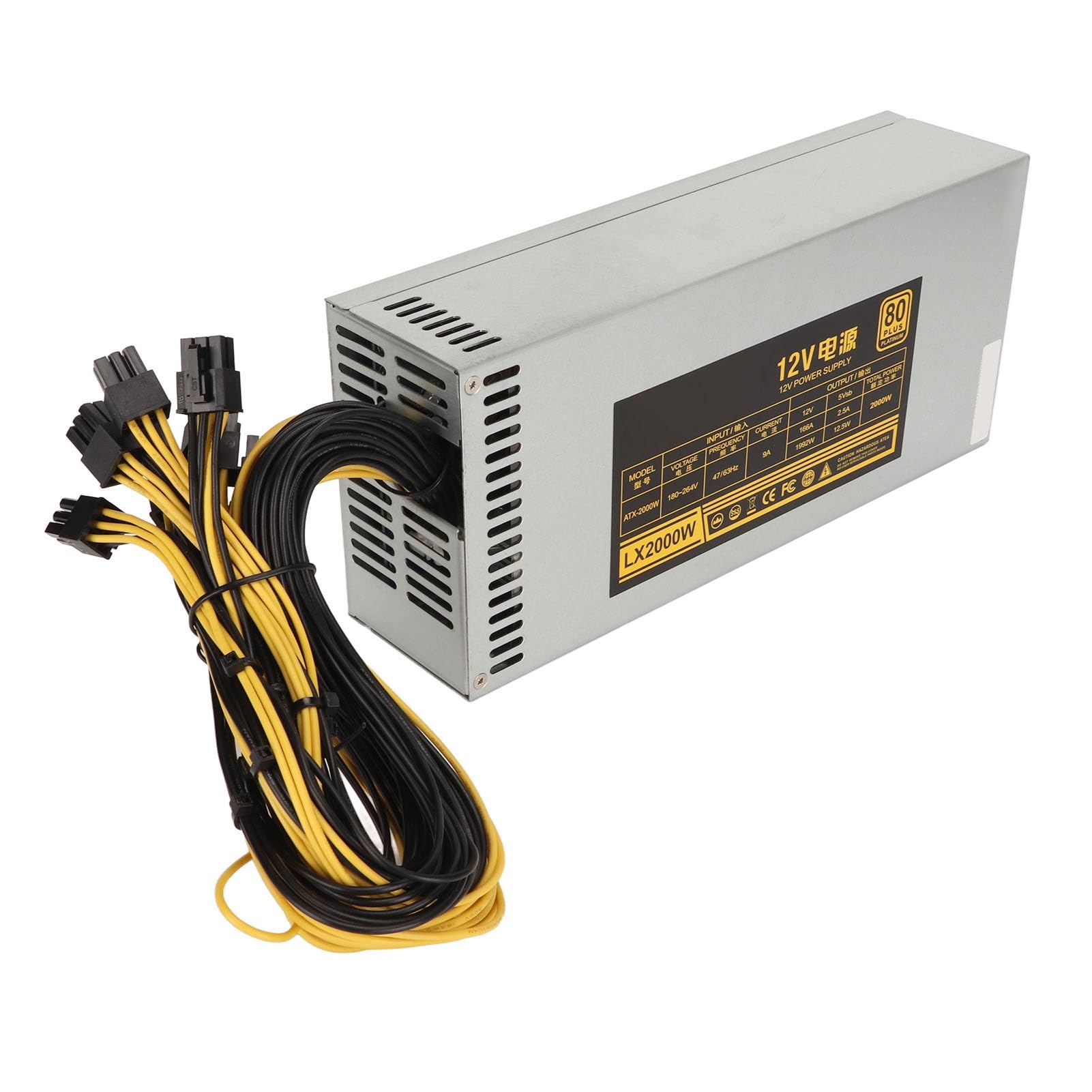 ASHATA Fuente de Alimentación para Minería de 2000 W, Compatible con 8 GPU GPU Mining Power, Fuente de Alimentación para Minería de PC con PSU de un Solo Canal 2U con Ventilador de