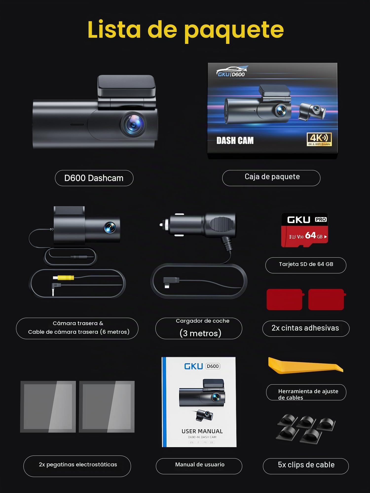 GKU Dashcam Cámara Coche 4K+1080P, 5GHz WiFi Dash CAM Coche con Tarjeta SD de 64GB,Camara Coche Grabadora,170° Gran Angular,Visión Nocturn,WDR,Sensor G,Monitor de Aparcamiento