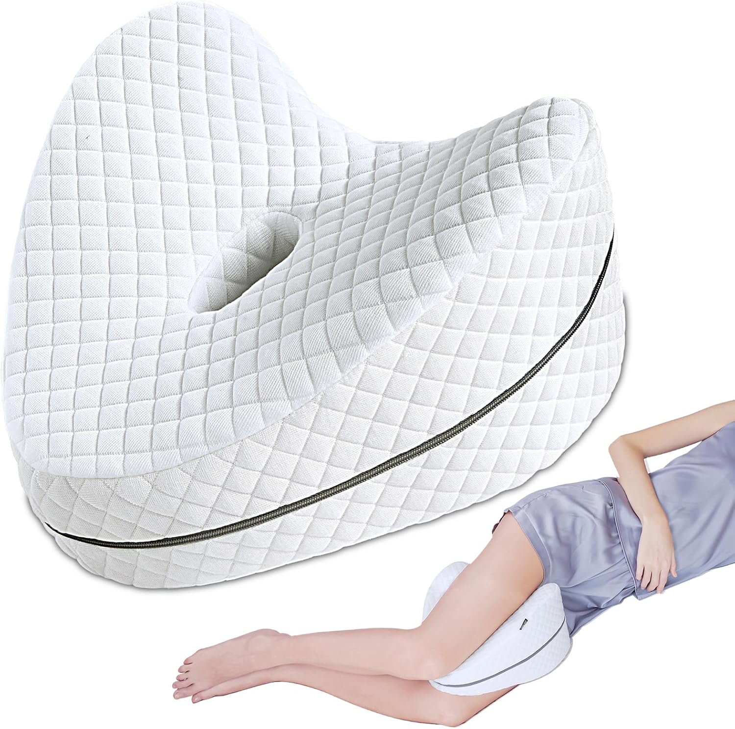 SAHEYER Knee Pillow for Side Sleepers, Memory Foam Leg Elevation Pillow for Sleeping, Ergonomic Hip Support Pillow Washable Cover for Spine Alignment, Sciatica Reduce Pressure (White)