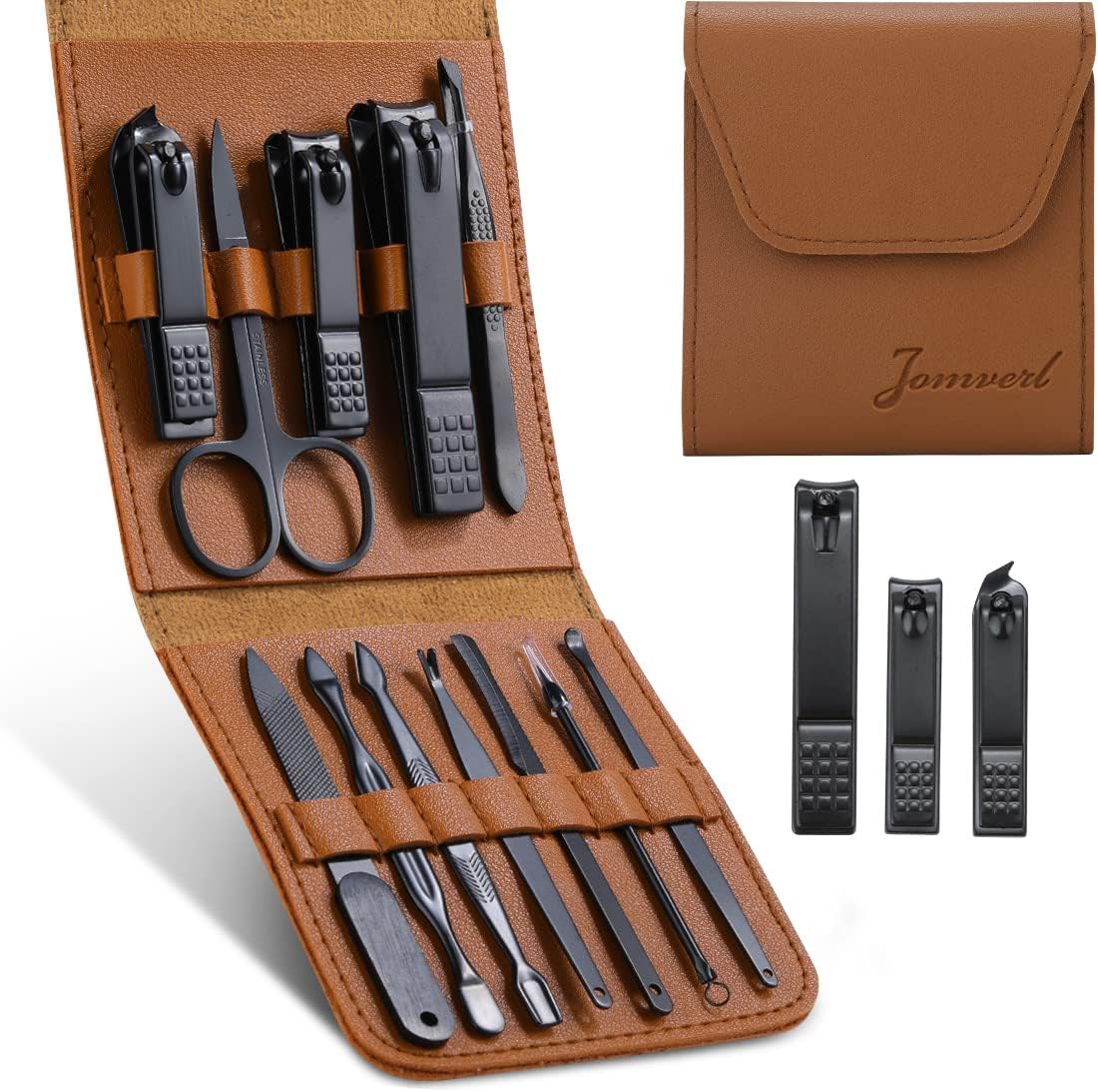 Jomverl Manicure Kit, Nail Clippers Stainless Steel 12 in 1 Professional Nail Care Tools Set for Men in Leather Travel Case. Durable Premier Quality Great Gift Dad